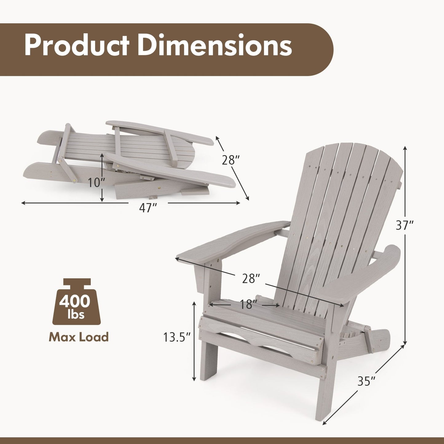 1 Piece Folding Adirondack Chair with High Backrest and Wide Armrests-Brown