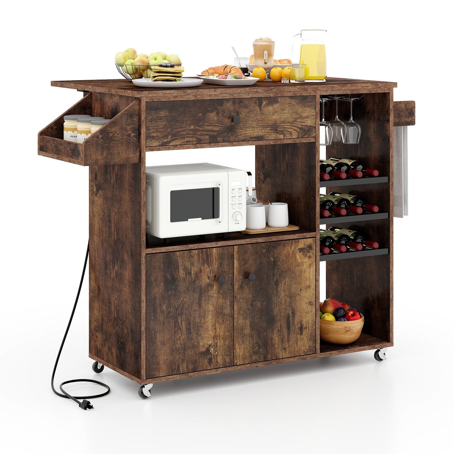 Drop Leaf Mobile Kitchen Island Cart with Power Outlet and Adjustable Shelf-Black and Natural