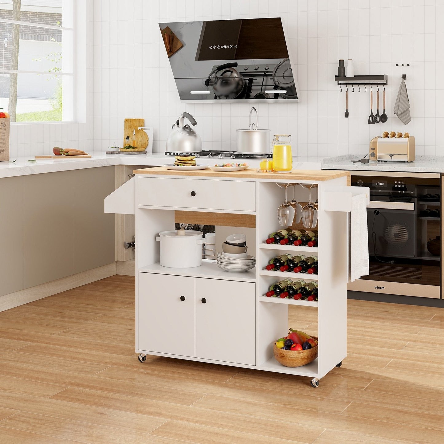Drop Leaf Mobile Kitchen Island Cart with Power Outlet and Adjustable Shelf-Black and Natural