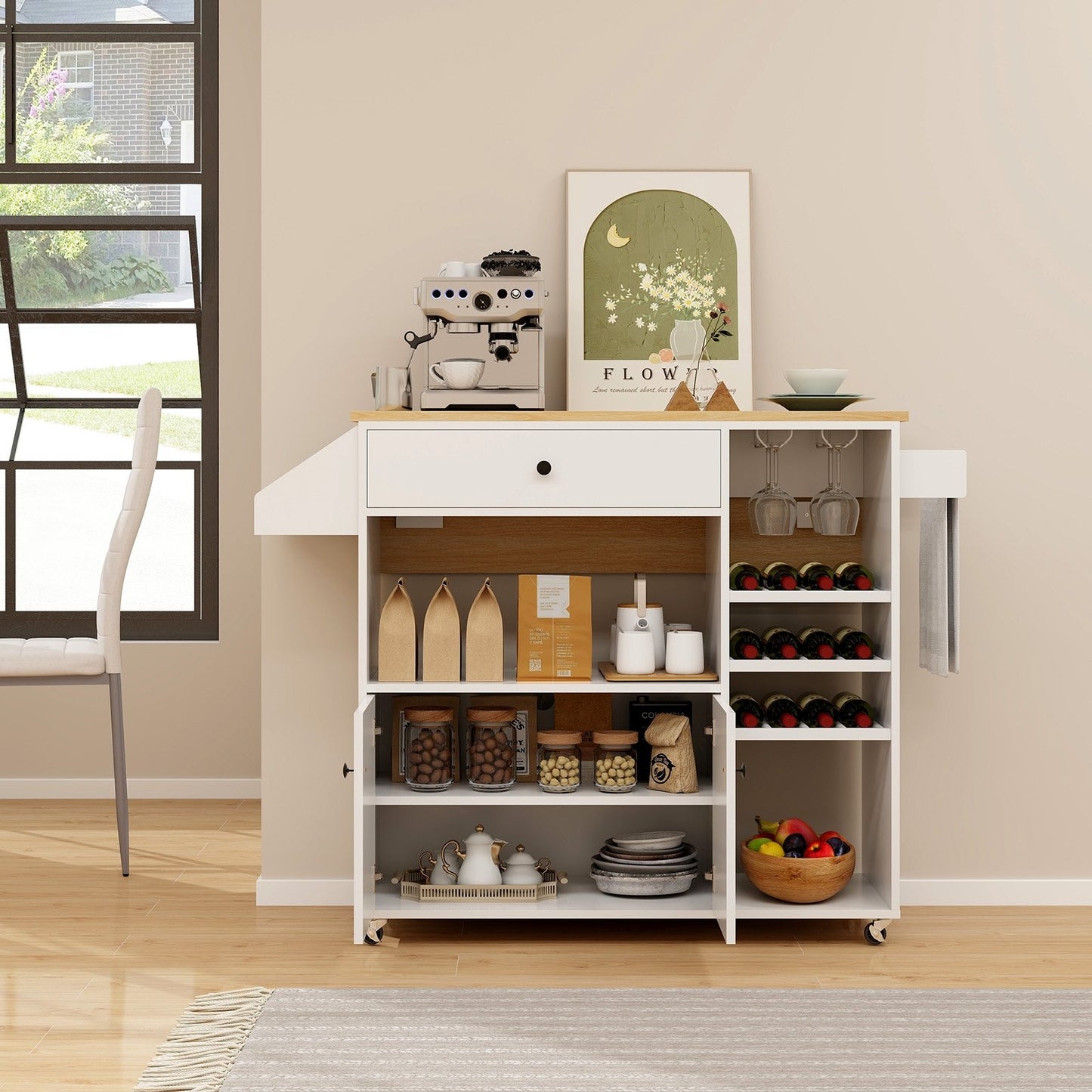 Drop Leaf Mobile Kitchen Island Cart with Power Outlet and Adjustable Shelf-Black and Natural