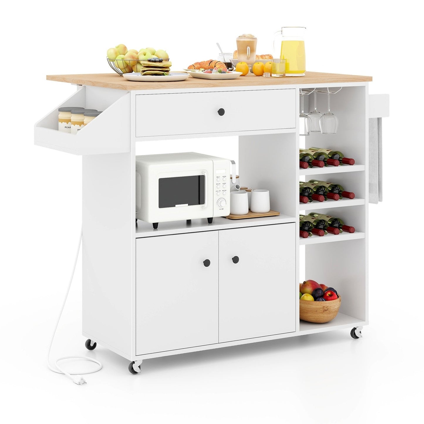 Drop Leaf Mobile Kitchen Island Cart with Power Outlet and Adjustable Shelf-Black and Natural