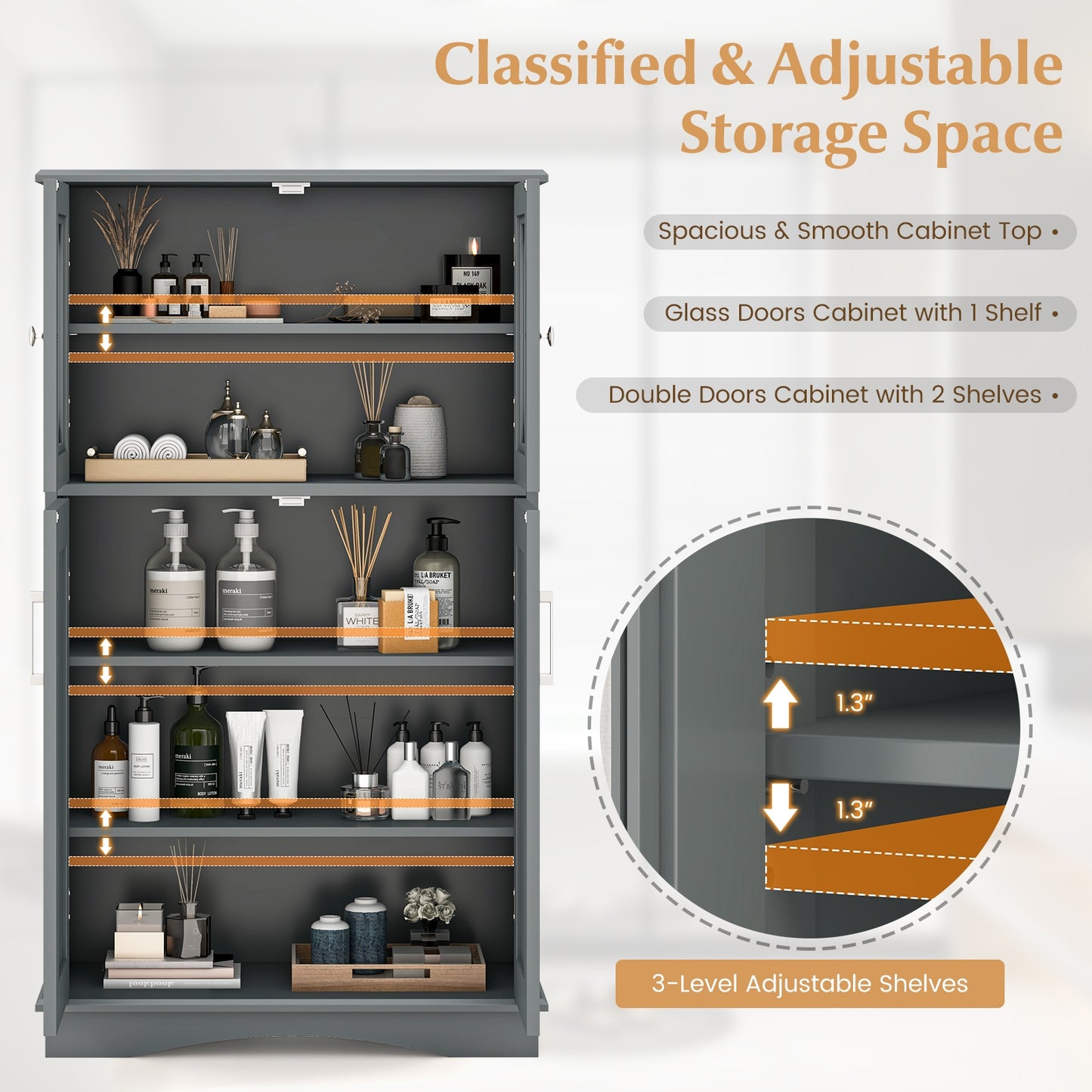 4 Doors Freeestanding Bathroom Floor Cabinet with Adjustable Shelves-Gray