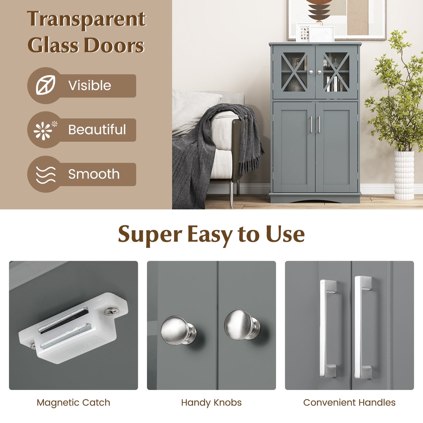 4 Doors Freeestanding Bathroom Floor Cabinet with Adjustable Shelves-Gray