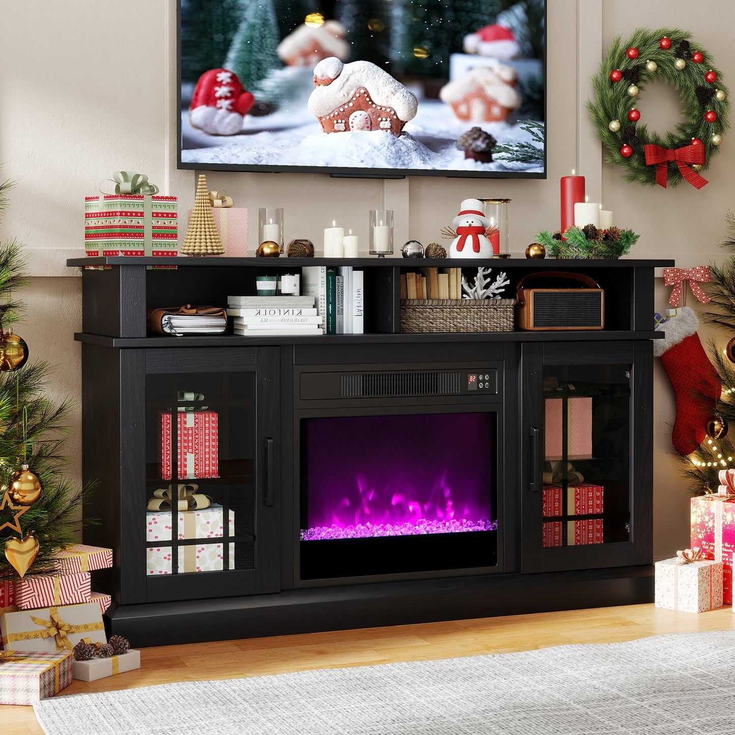 TV Stand with Electric Fireplace LED Lights and Remote Controls for TVs Up to 40 Inch-Black