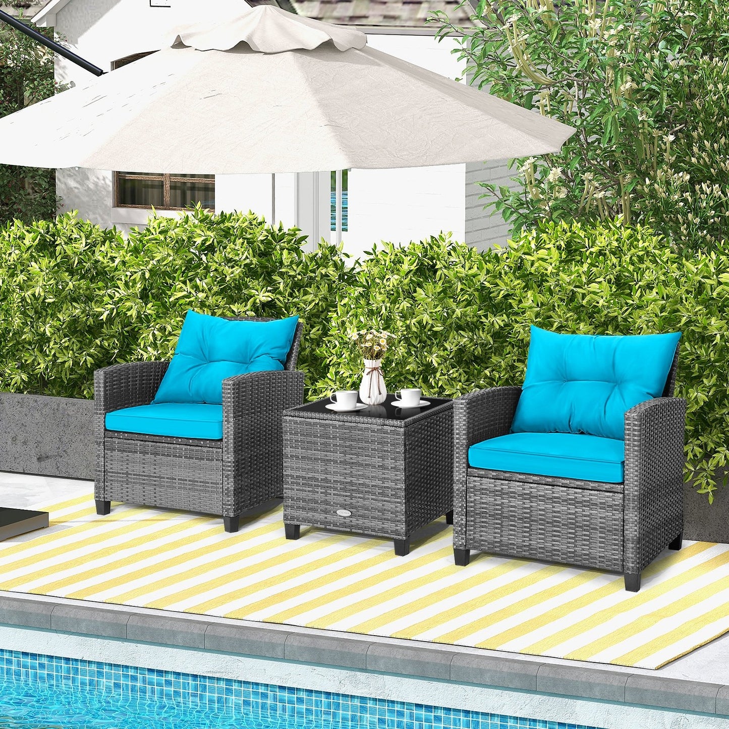 3 Pieces Outdoor Wicker Conversation Set with Tempered Glass Tabletop-Black