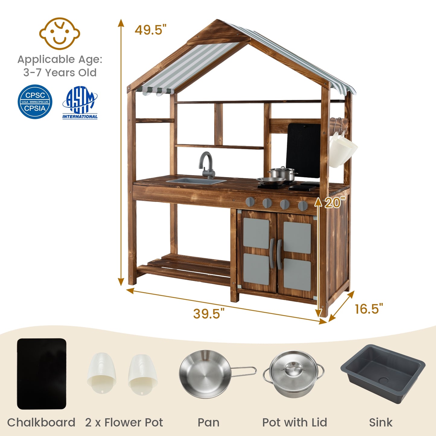 Kid's Mud Kitchen Outdoor Solid Wood Mud Kitchen with Canopy-Natural