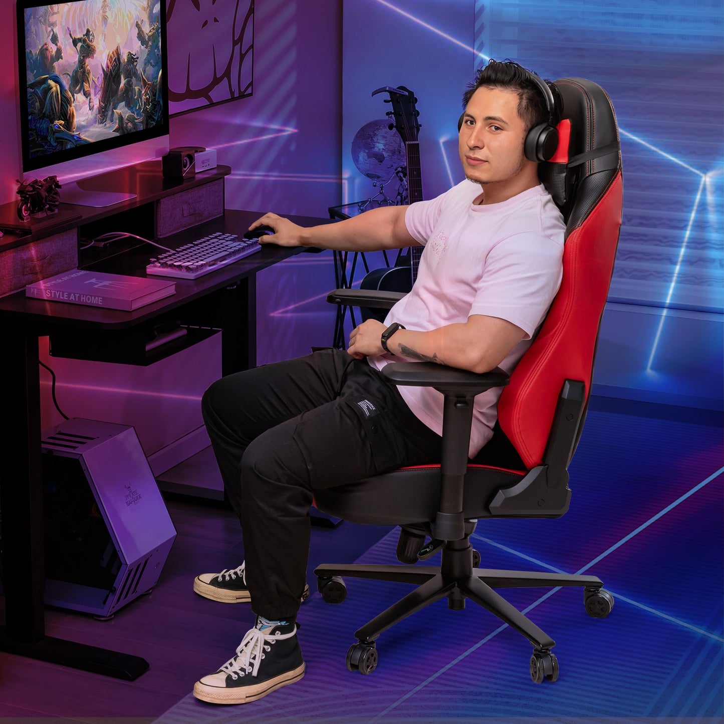 360° Swivel Computer Chair with Casters for Office Bedroom-Red