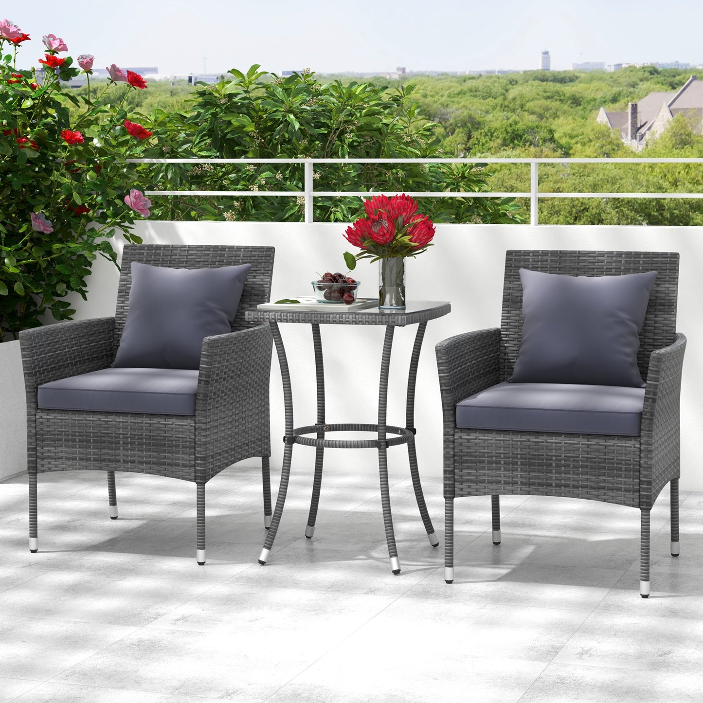3 Pieces Patio Furniture Set with Cushioned Patio Chairs and Tempered Glass Coffee Table-Black