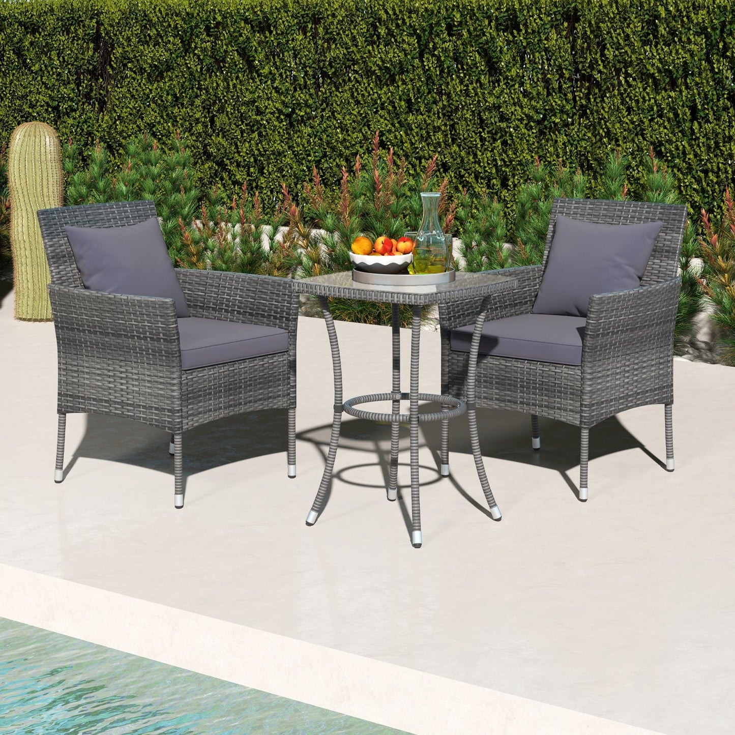 3 Pieces Patio Furniture Set with Cushioned Patio Chairs and Tempered Glass Coffee Table-Black