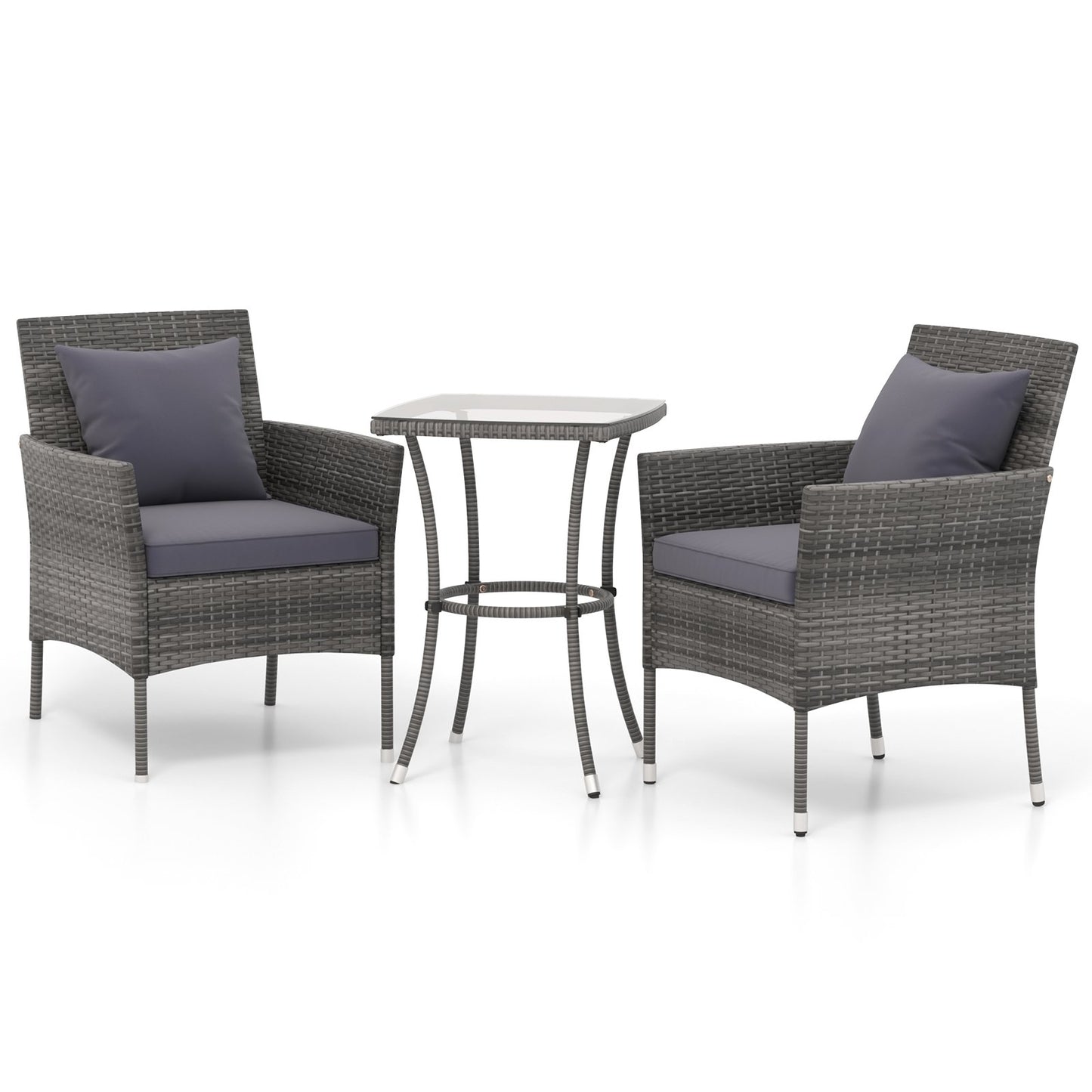 3 Pieces Patio Furniture Set with Cushioned Patio Chairs and Tempered Glass Coffee Table-Black