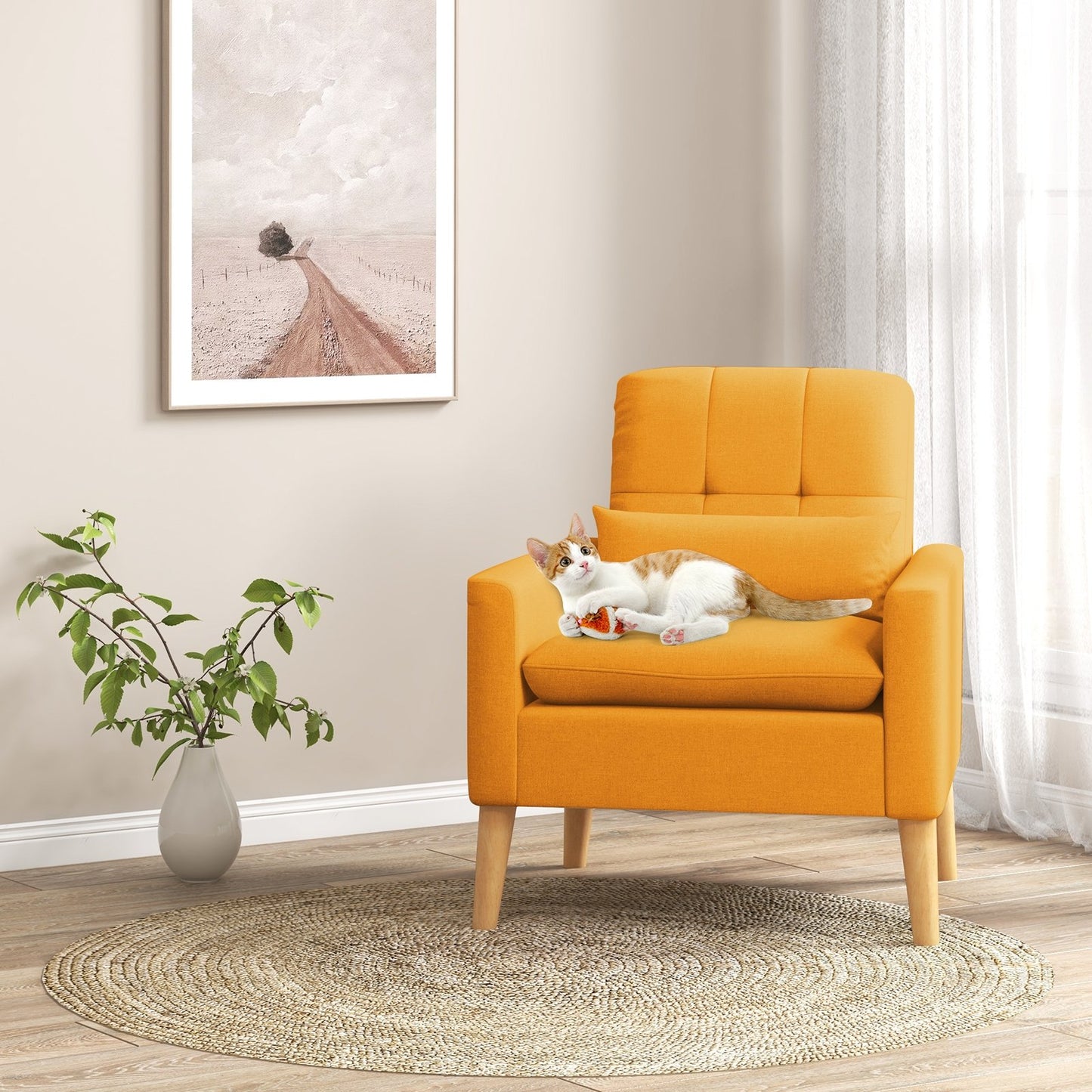 Accent Chair with Lumbar Pillow Natural Rubber Wood Legs Padded Cushions-Beige