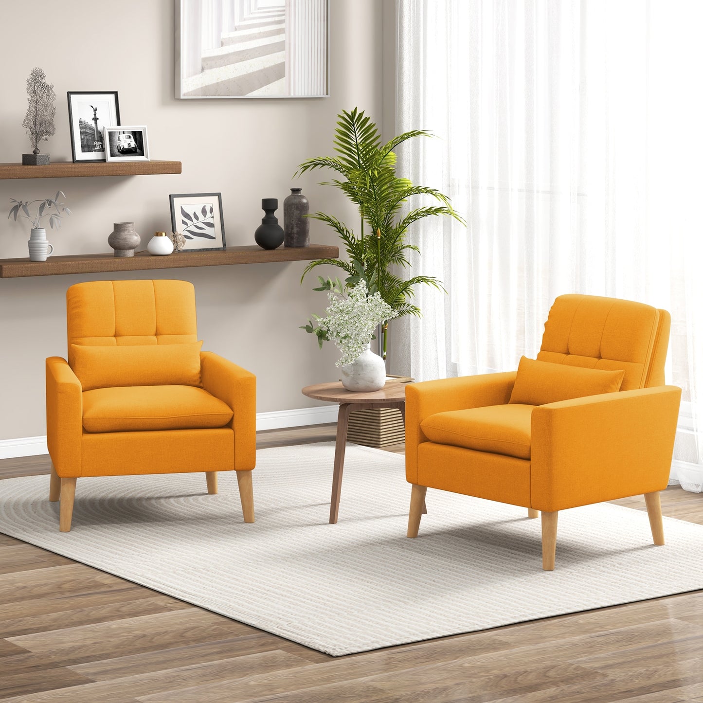 Accent Chair with Lumbar Pillow Natural Rubber Wood Legs Padded Cushions-Beige