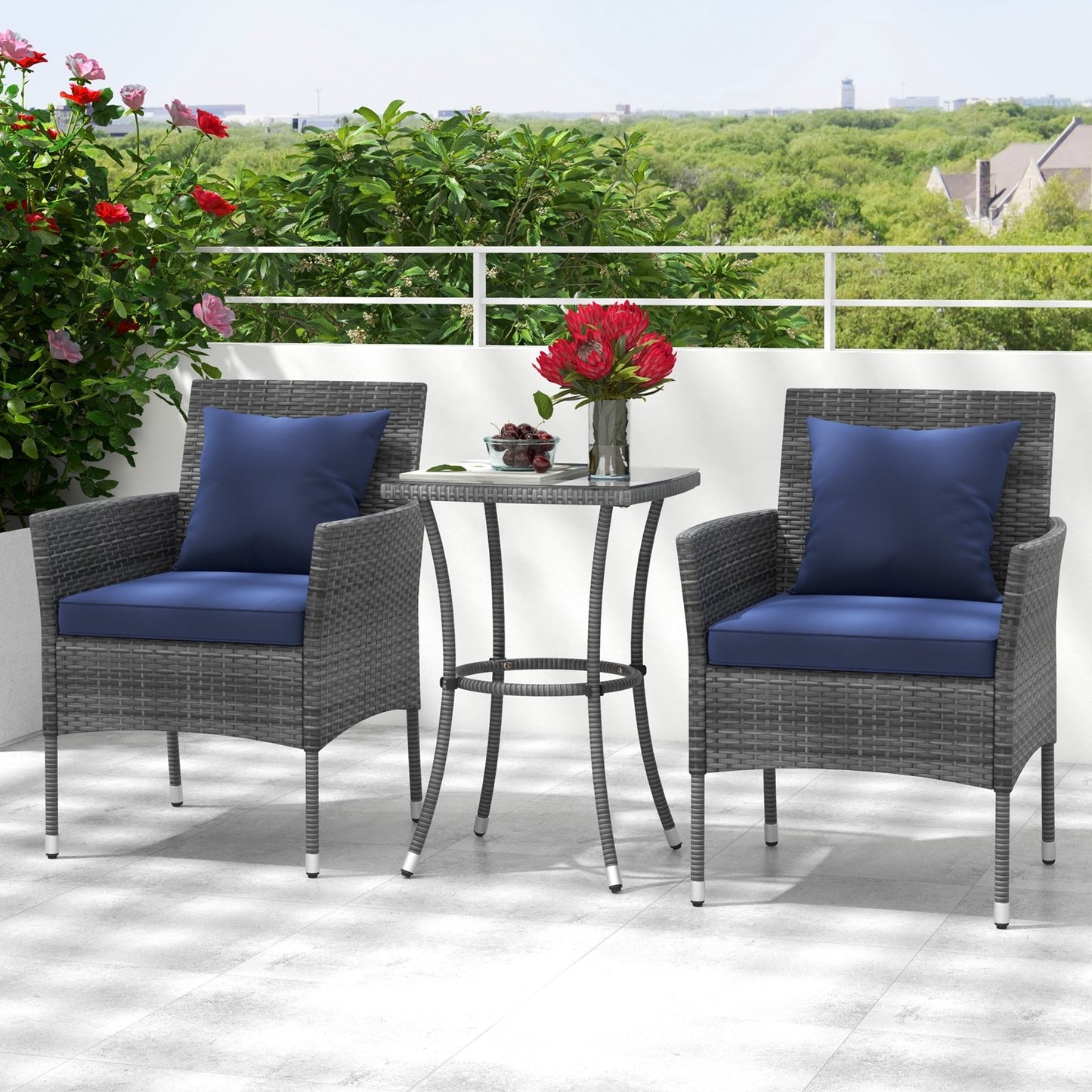 3 Pieces Patio Furniture Set with Cushioned Patio Chairs and Tempered Glass Coffee Table-Black
