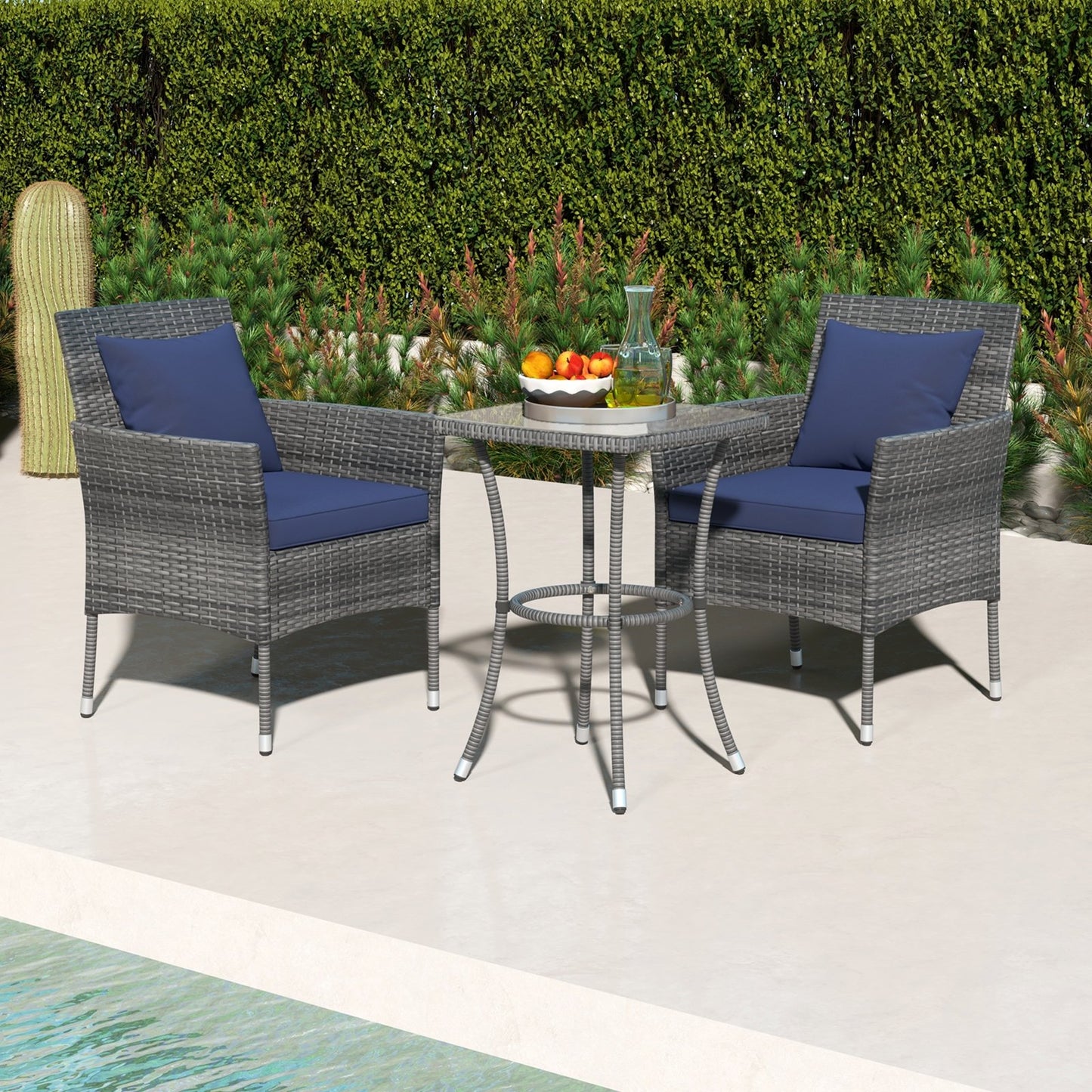 3 Pieces Patio Furniture Set with Cushioned Patio Chairs and Tempered Glass Coffee Table-Black