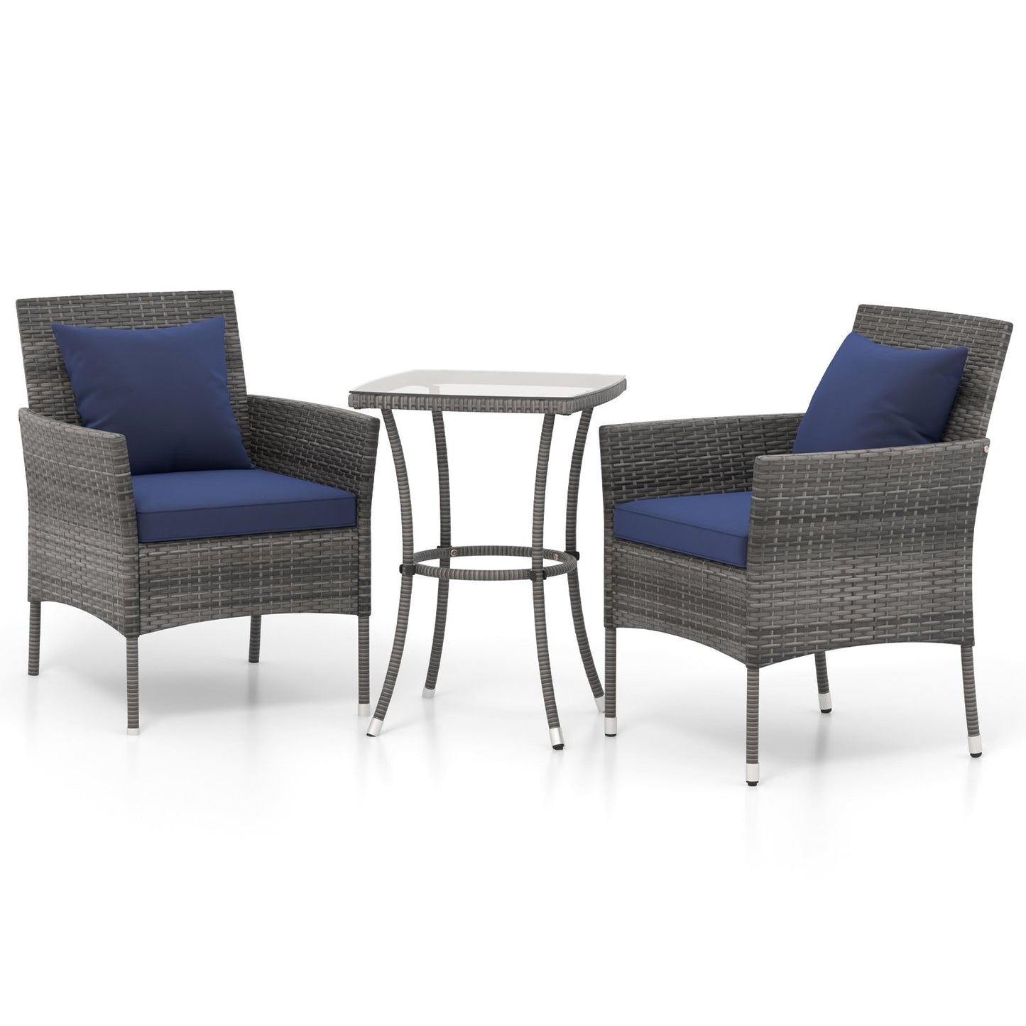 3 Pieces Patio Furniture Set with Cushioned Patio Chairs and Tempered Glass Coffee Table-Black