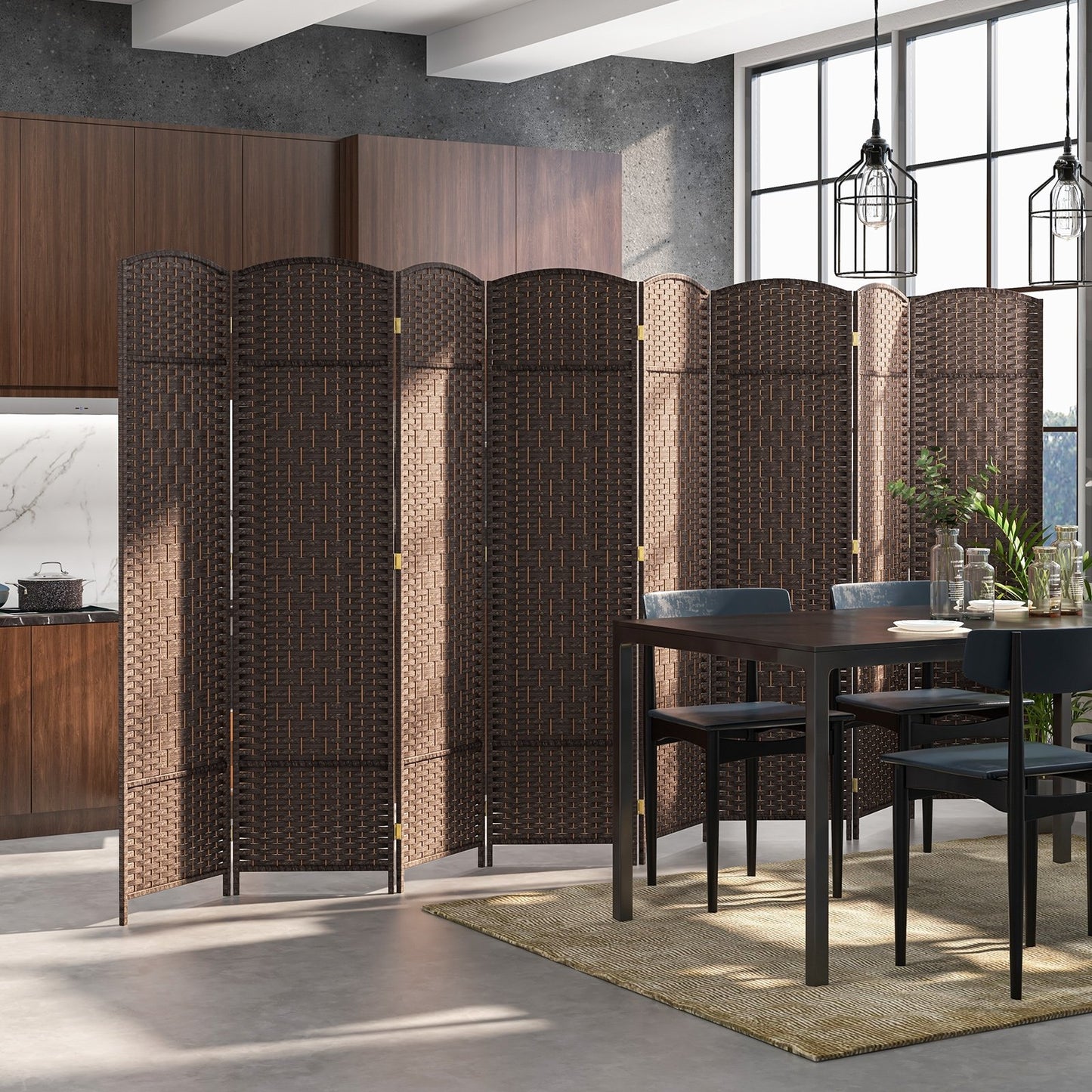 8-Panel Folding Room Divider with Hand-Woven Texture and Solid Wood Frame-Black