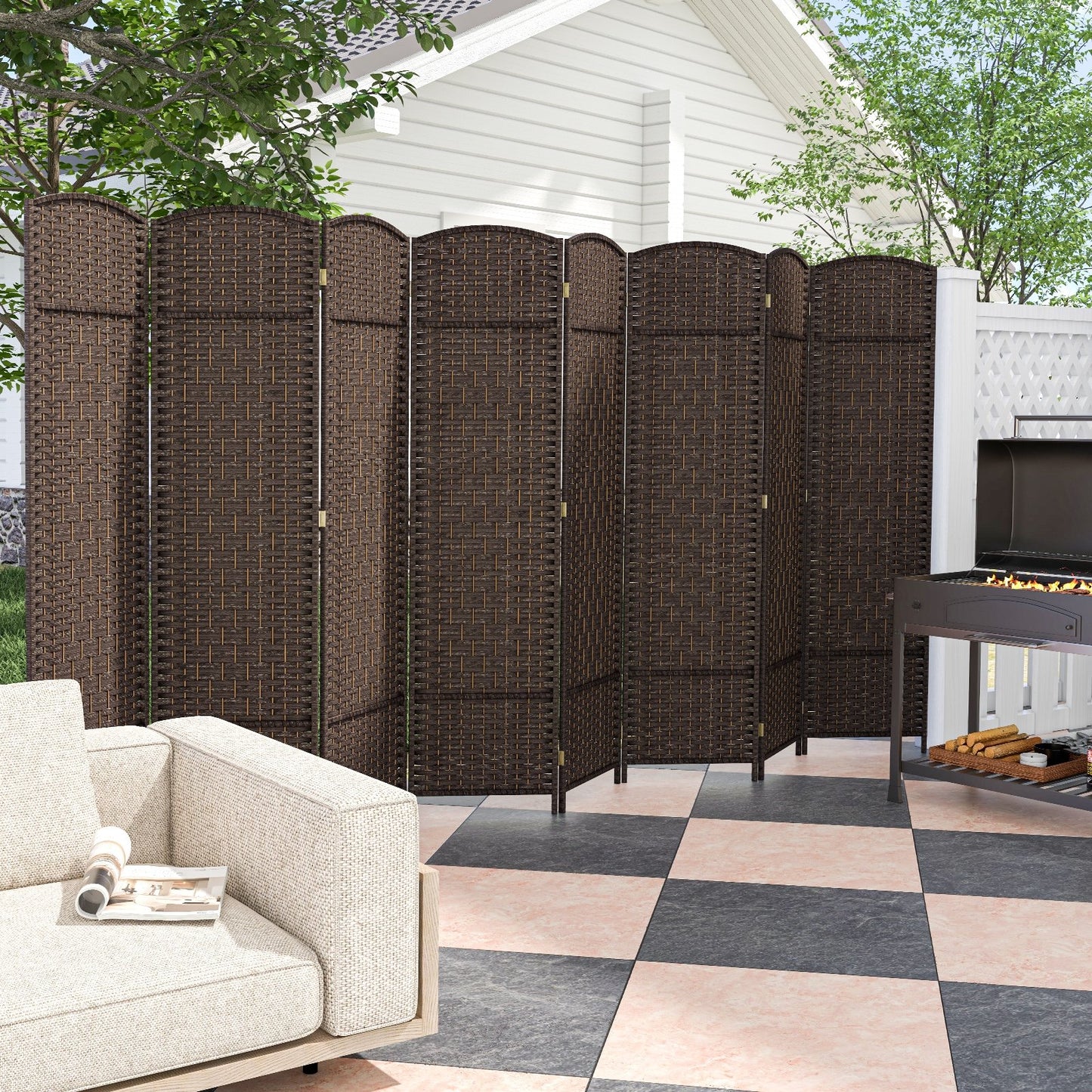 8-Panel Folding Room Divider with Hand-Woven Texture and Solid Wood Frame-Black