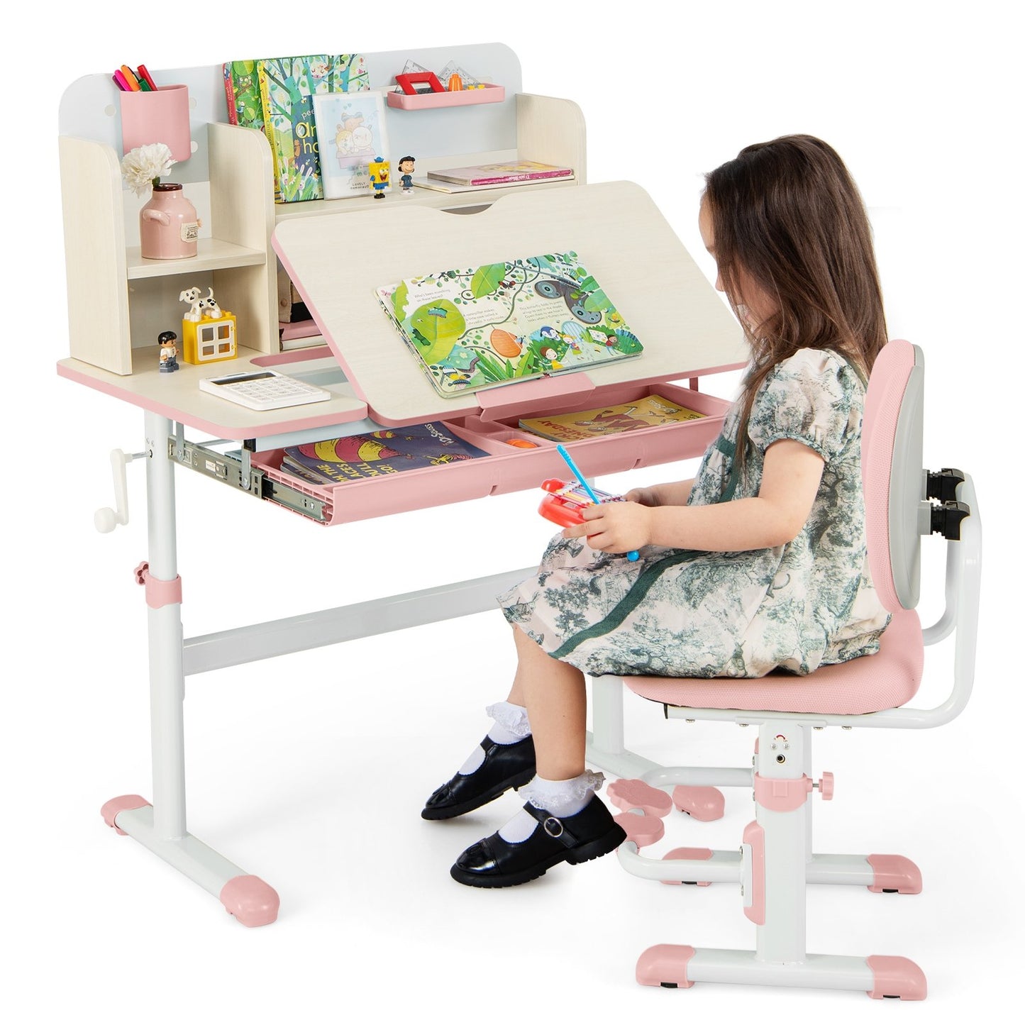 Height Adjustable Children School Home Study Table and Chair Set with Tilted Desktop for 3-12 Years Old-Blue
