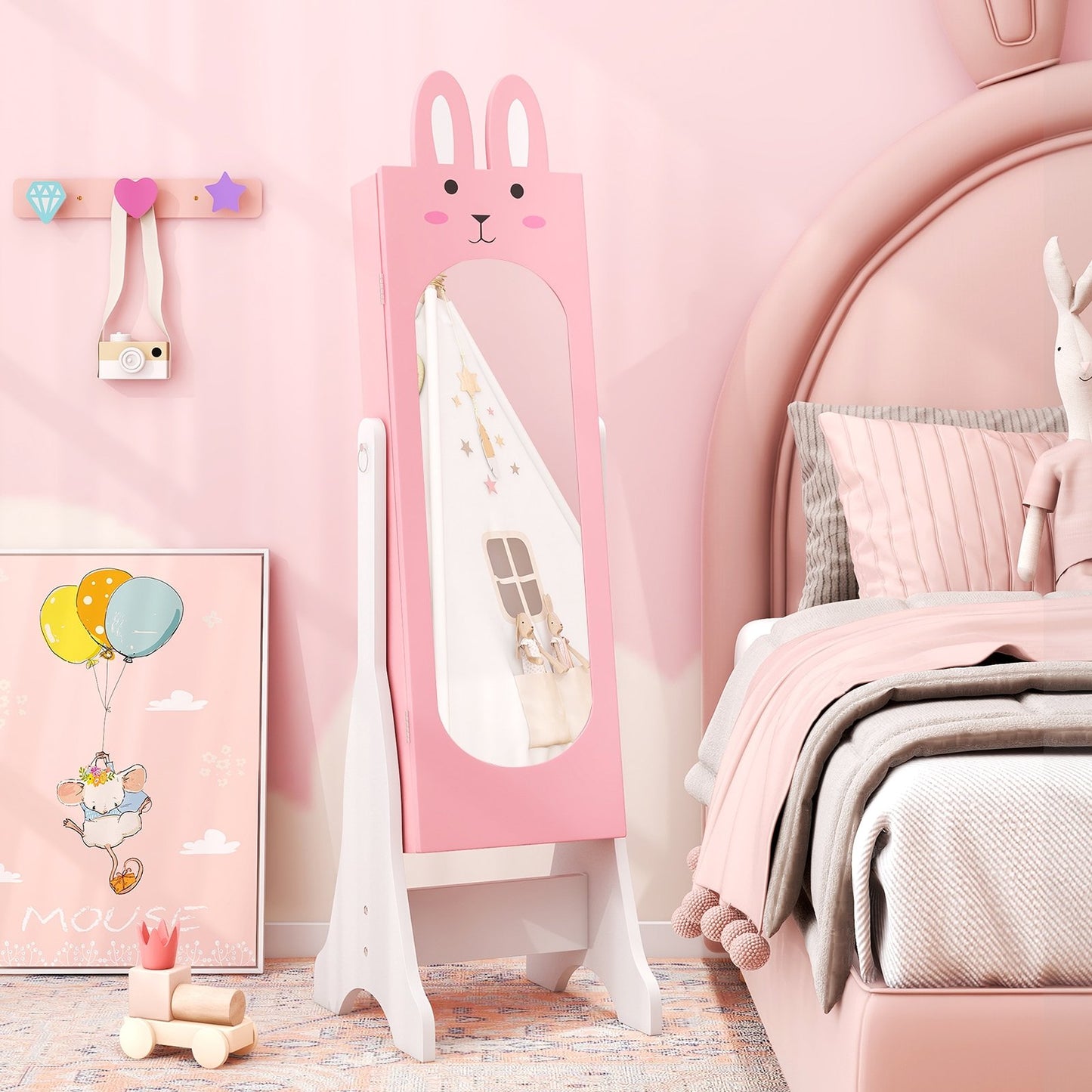 Kids Room Furniture Set with Princess Vanity Table and Chair-Pink