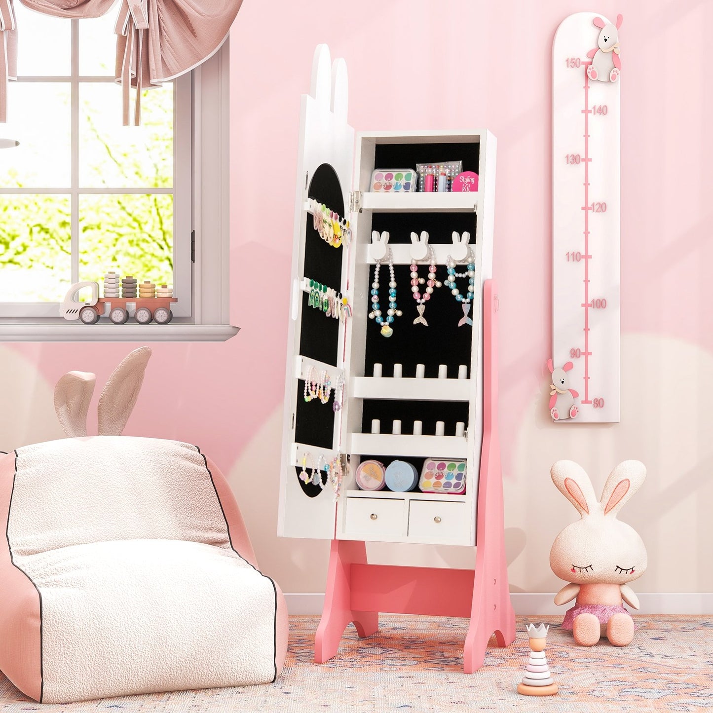 Kids Room Furniture Set with Princess Vanity Table and Chair-Pink