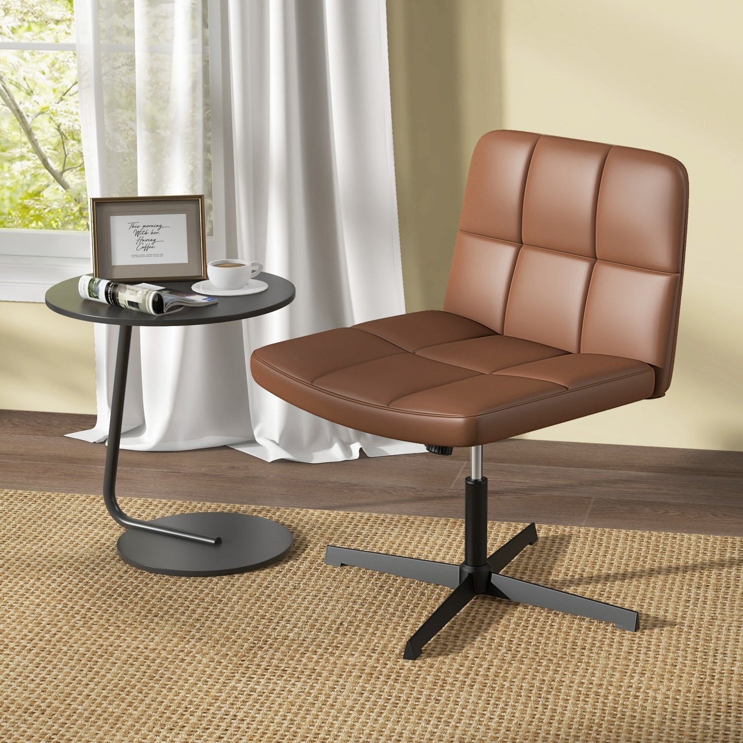 PU Leather Upholstered Cross-legged Office Chair with Oversized U-shaped Seat for Home Office Make Up-Beige