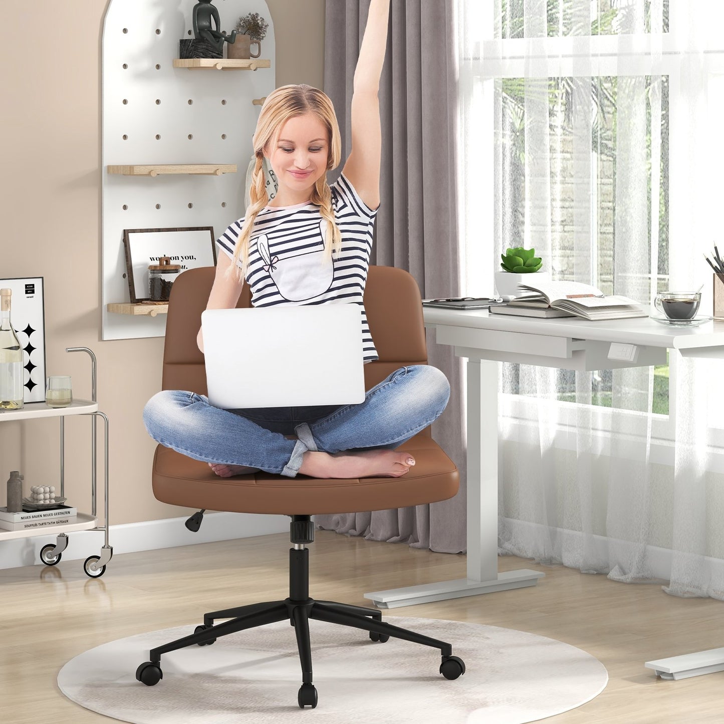 Height-adjustable Armless Desk Chair with Wheels for Home Office Make Up-Beige