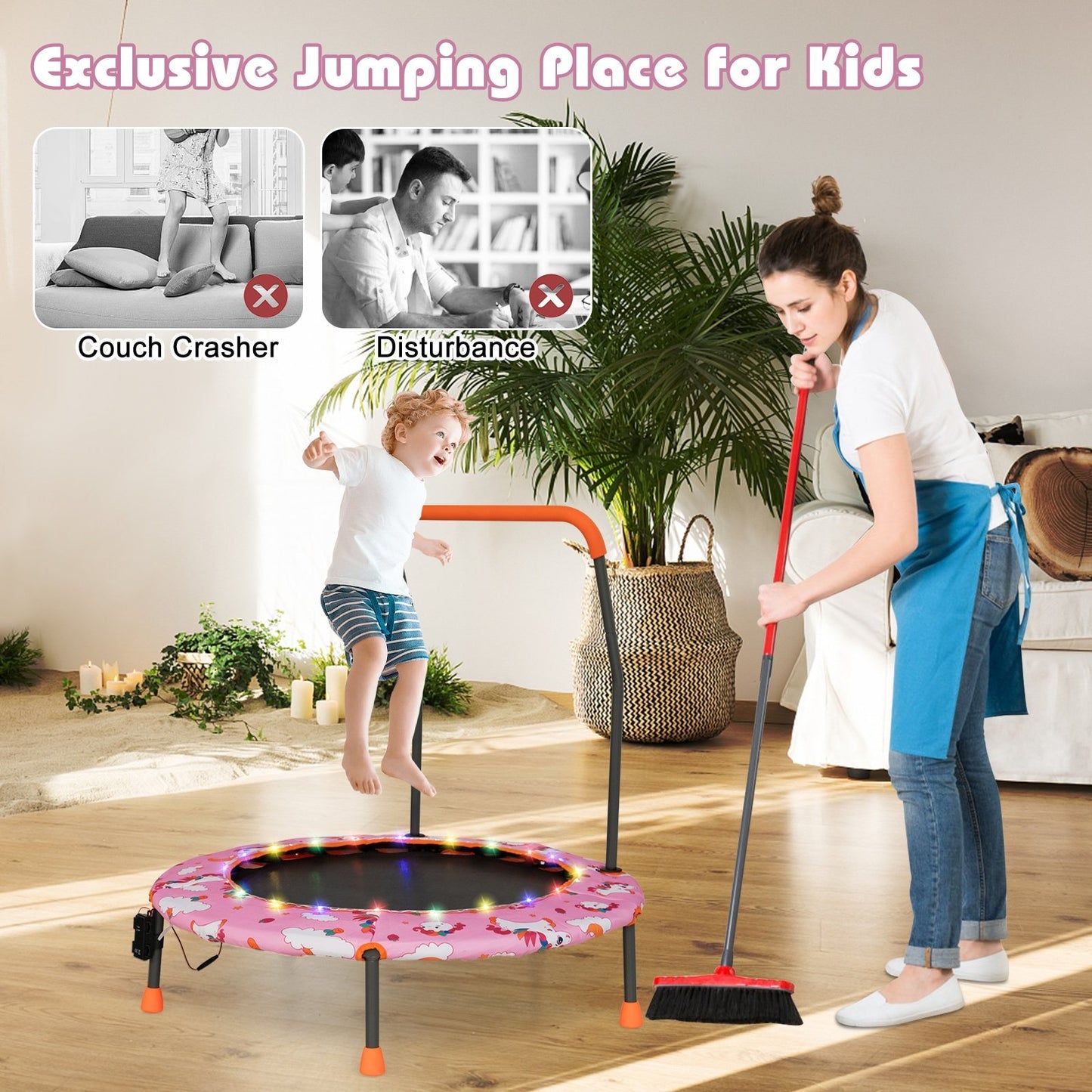 36 Inch Mini Trampoline with Colorful LED Lights and Bluetooth Speaker-Blue