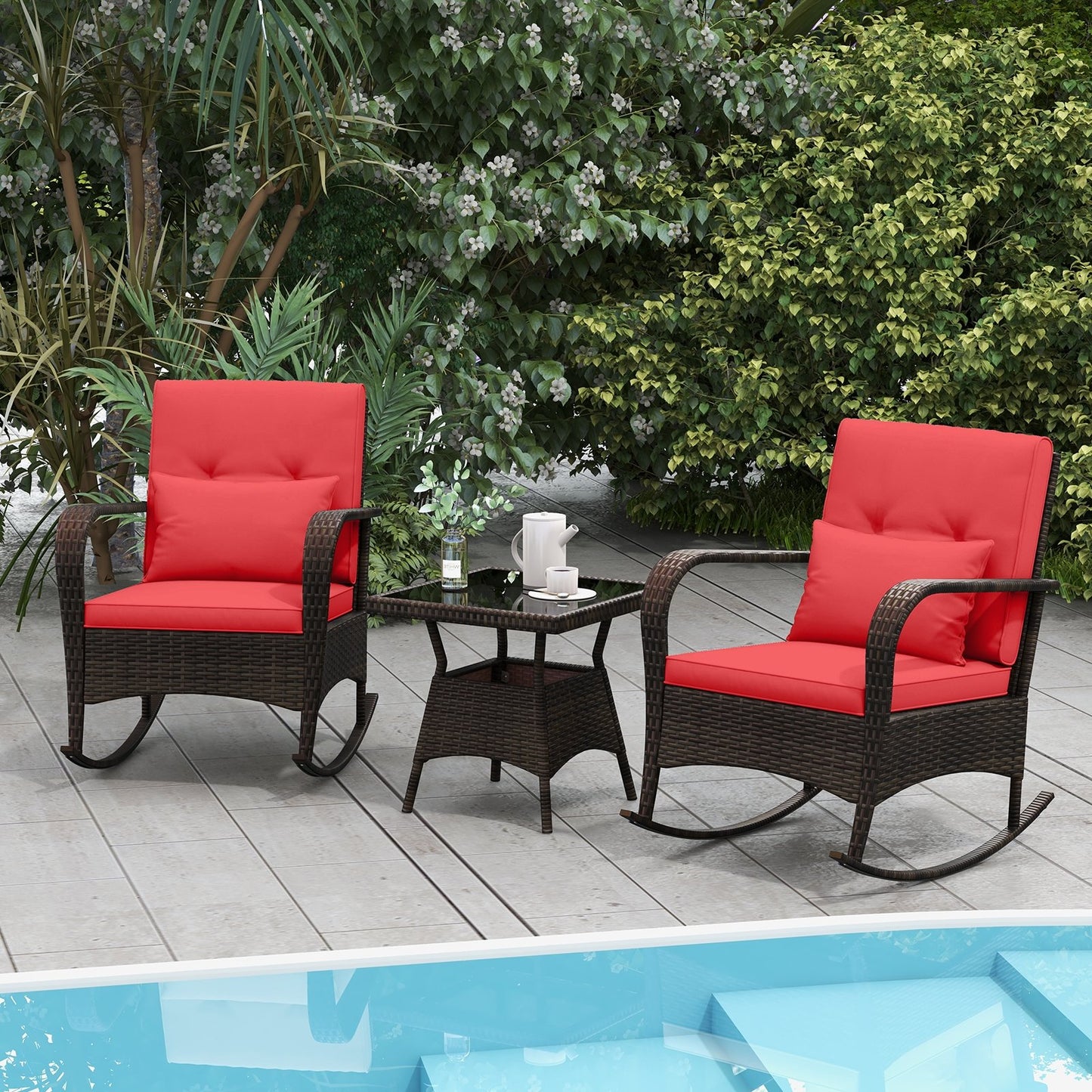 3 Pieces Outdoor Rocking Set with Tempered Glass Coffee Table for Backyard Poolside-Black