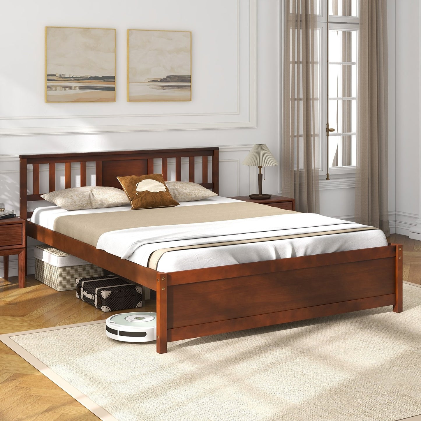 Wooden Platform Bed with Headboard and Slat Support-Twin Size