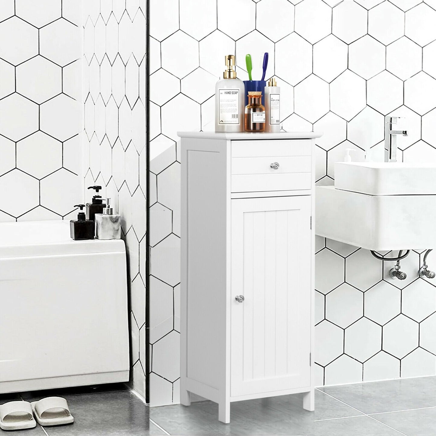 Wooden Bathroom Floor Storage Cabinet with Drawer and Shelf-Black