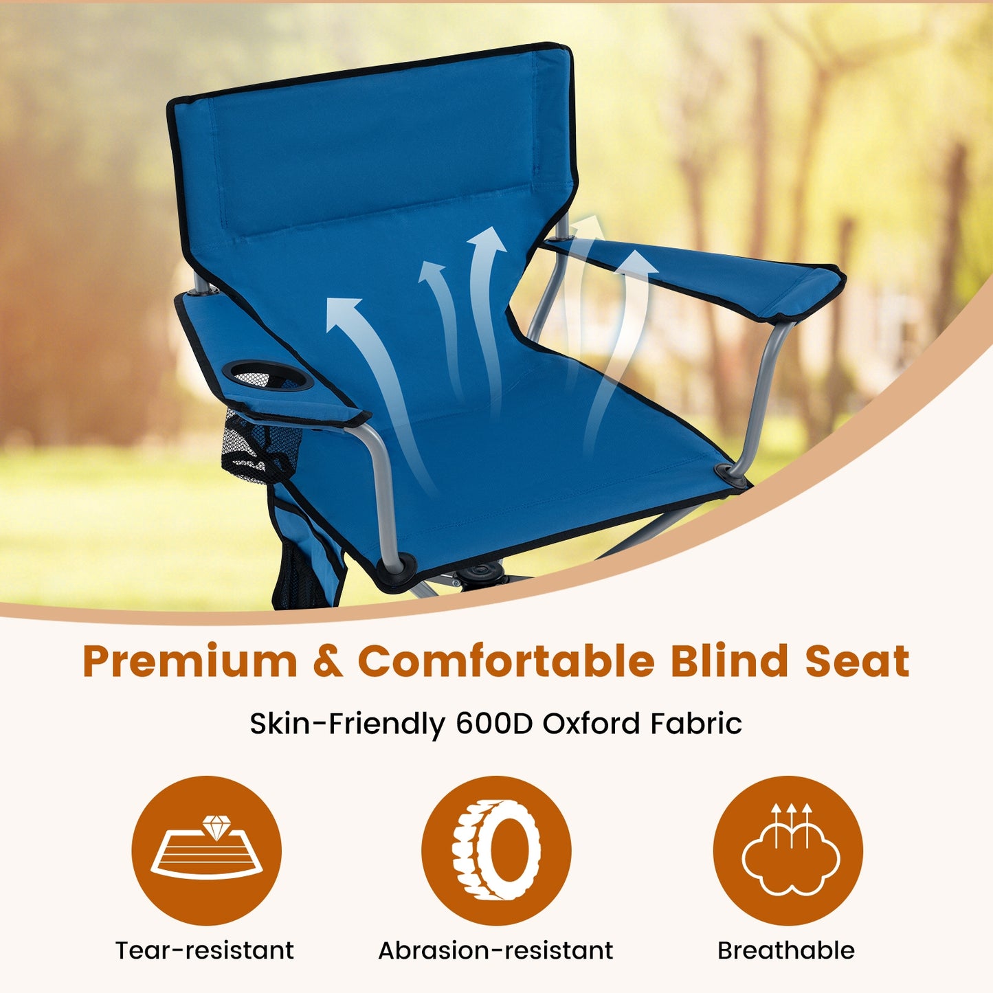 360° Swivel Hunting Chair Portable Foldable Hunting Chair with Mesh Cup Holder and Storage Pockets-Blue