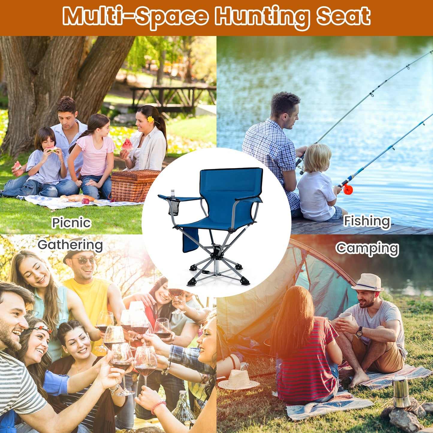 360° Swivel Hunting Chair Portable Foldable Hunting Chair with Mesh Cup Holder and Storage Pockets-Blue