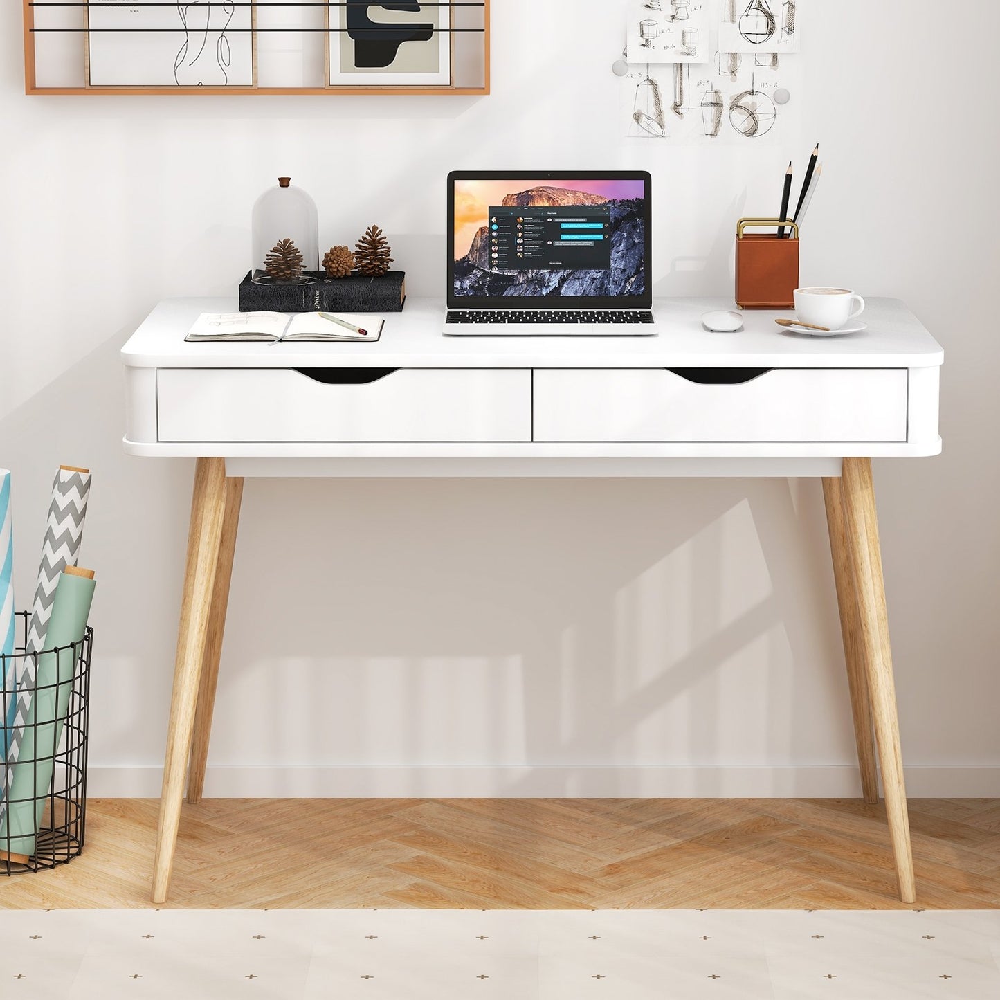 43.5 Inch Computer Desk with 2 Drawers for Small Spaces-Walnut