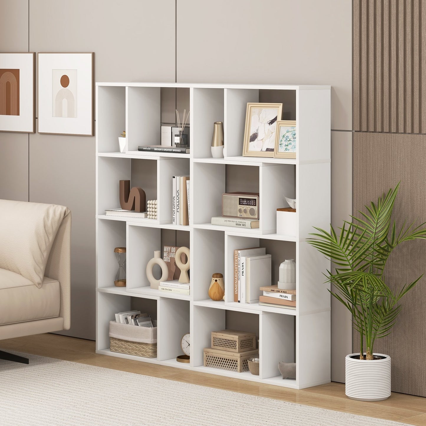 48 Inch 4-Tier Geometric Bookshelf with 8 Cubes for Living Room Bedroom-Gray