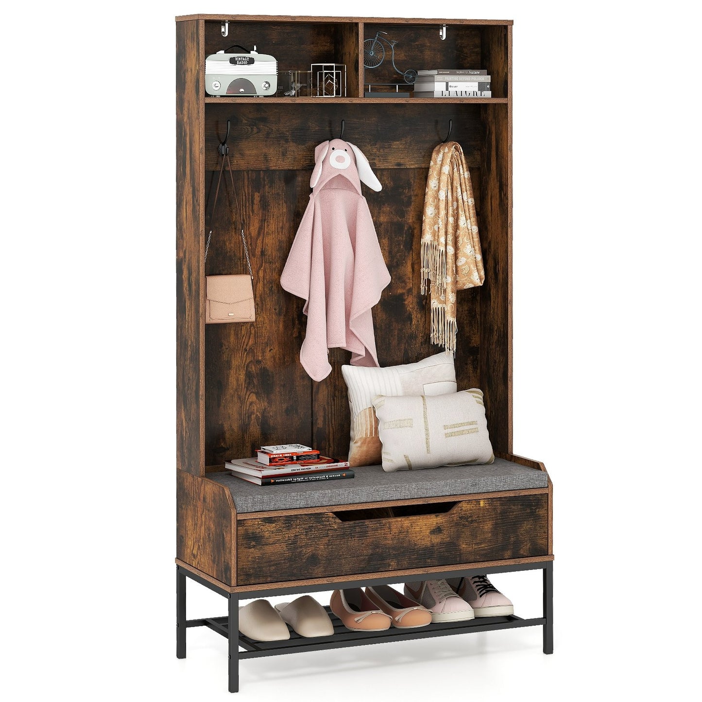 69 Inches Tall Hall Tree 4-in-1 Coat Rack with Seat Cushion and Shoe Storage-Black