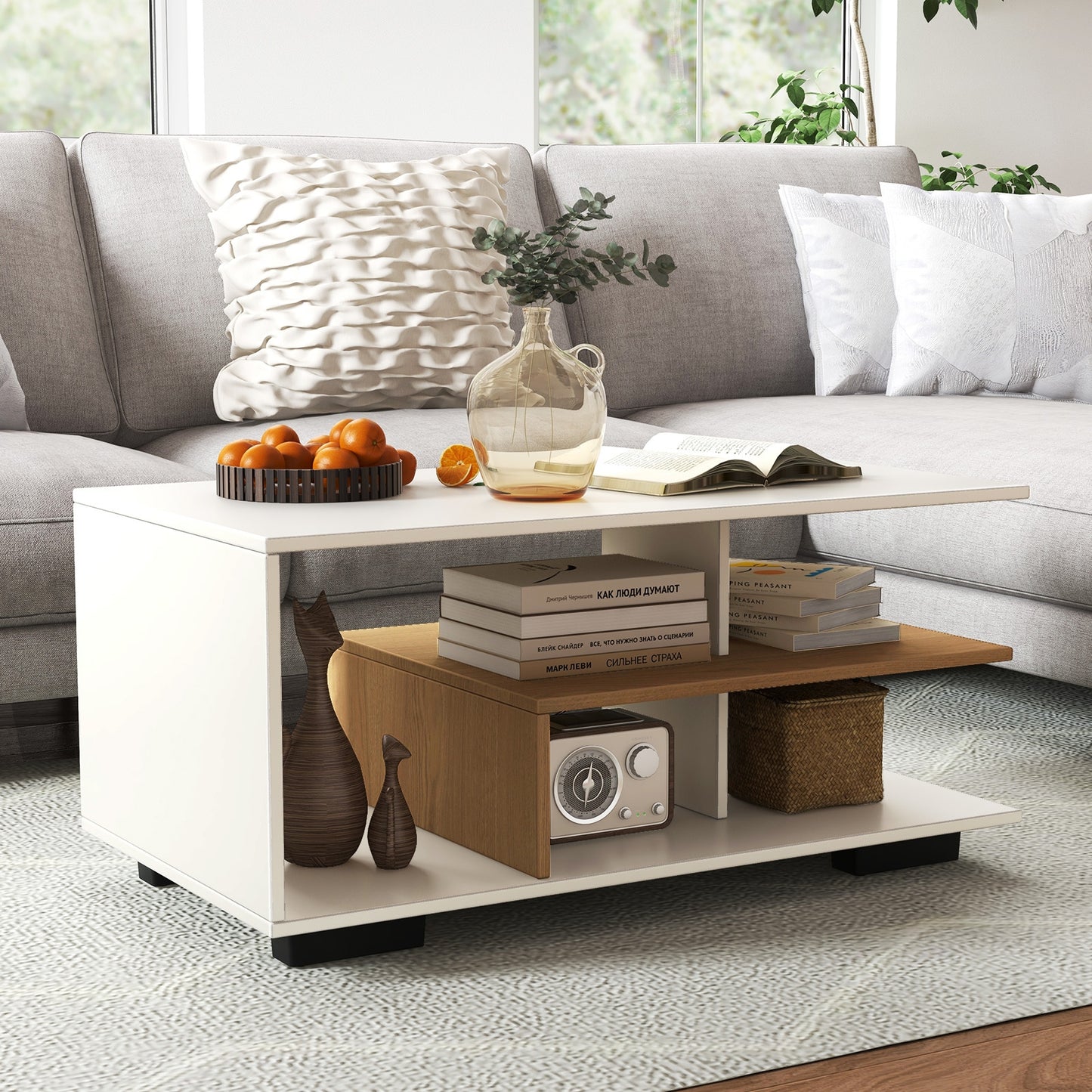 Rectangular Coffee Table with L-shaped Middle Shelf-Brown