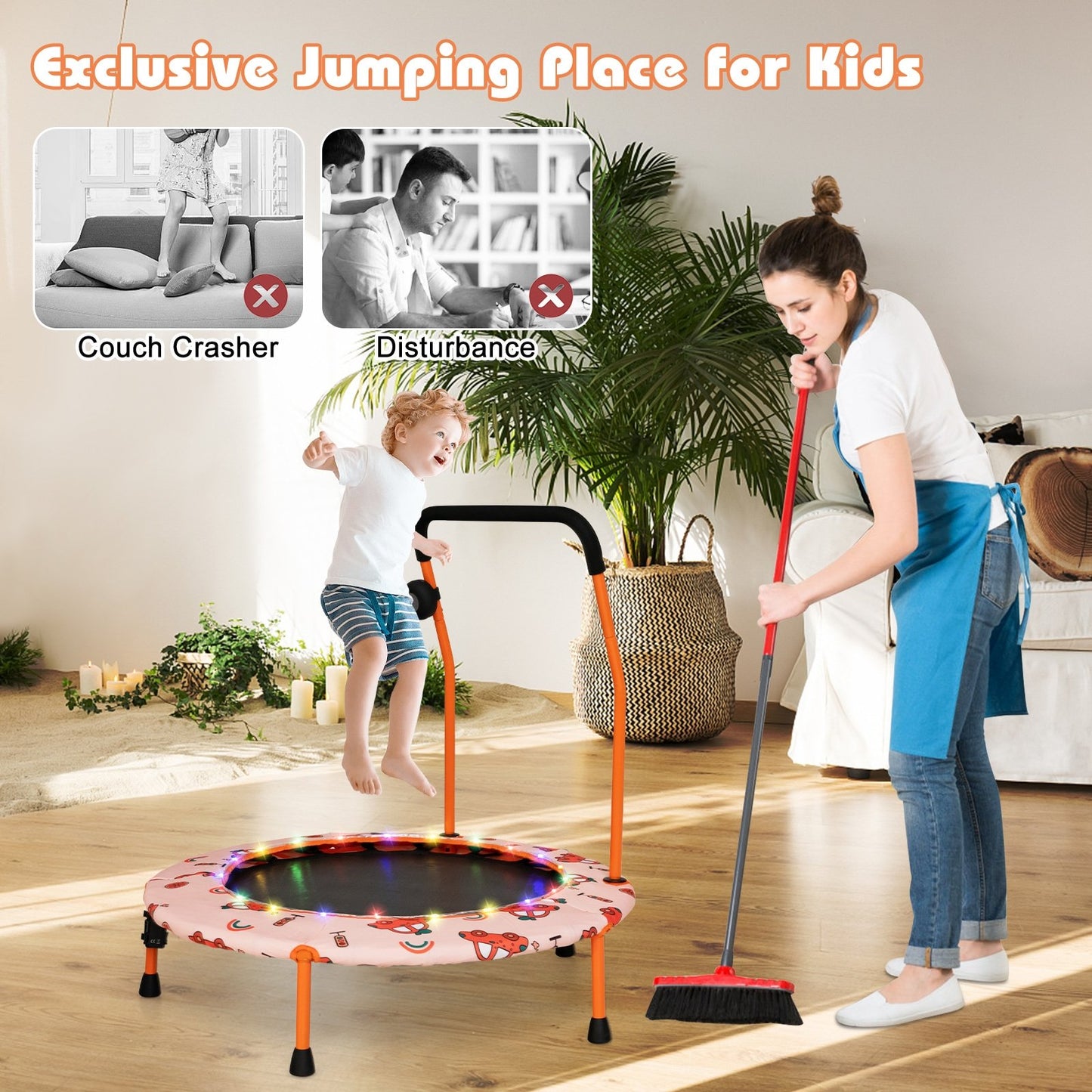 36 Inch Mini Trampoline with Colorful LED Lights and Bluetooth Speaker-Blue