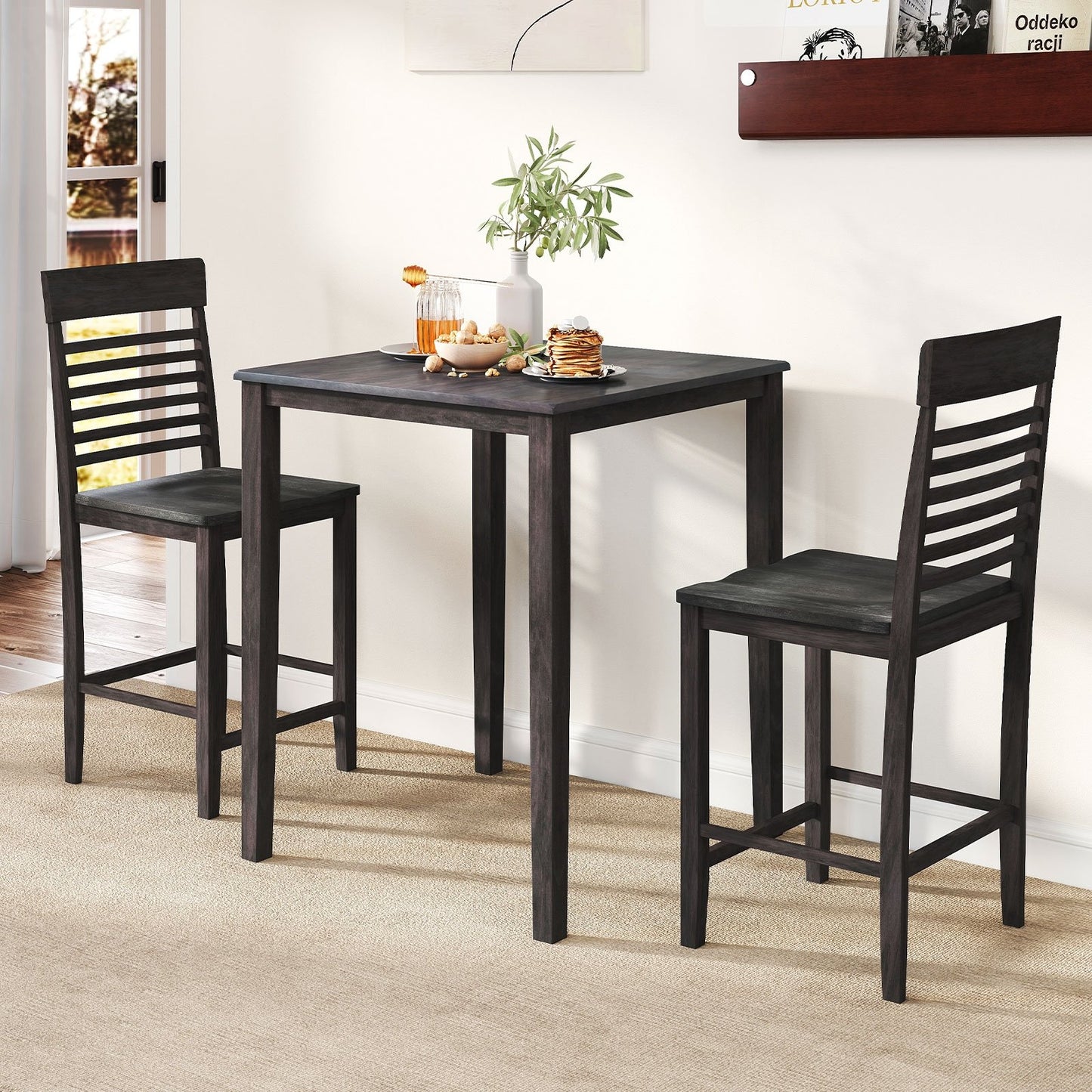 3-Piece Counter-Height Dining Table Set for 2 with Rubber Wood Frame and Footrest-Gray