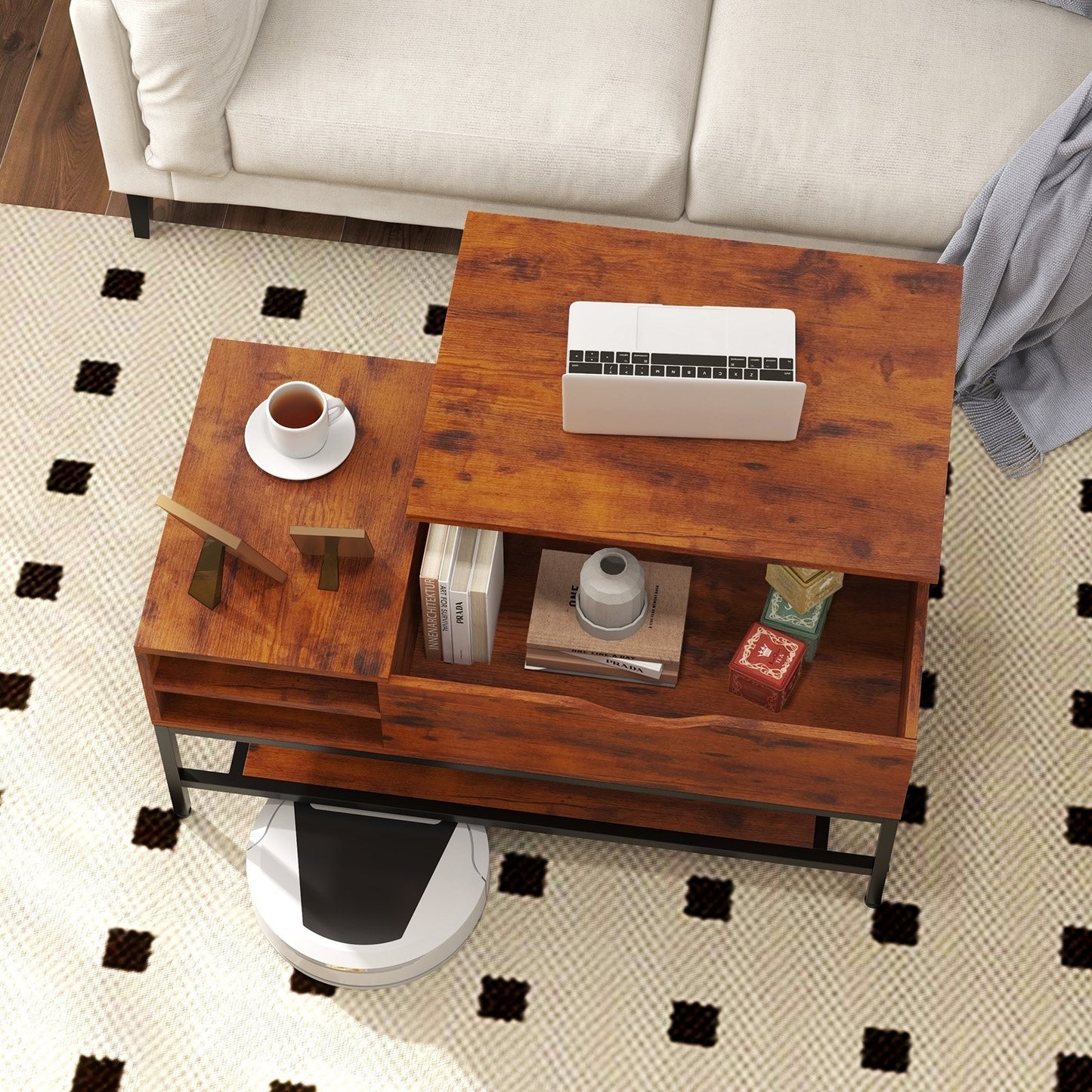 Lift Top Coffee Table with Hidden Compartment and Removable Storage Shelf-Rustic Brown