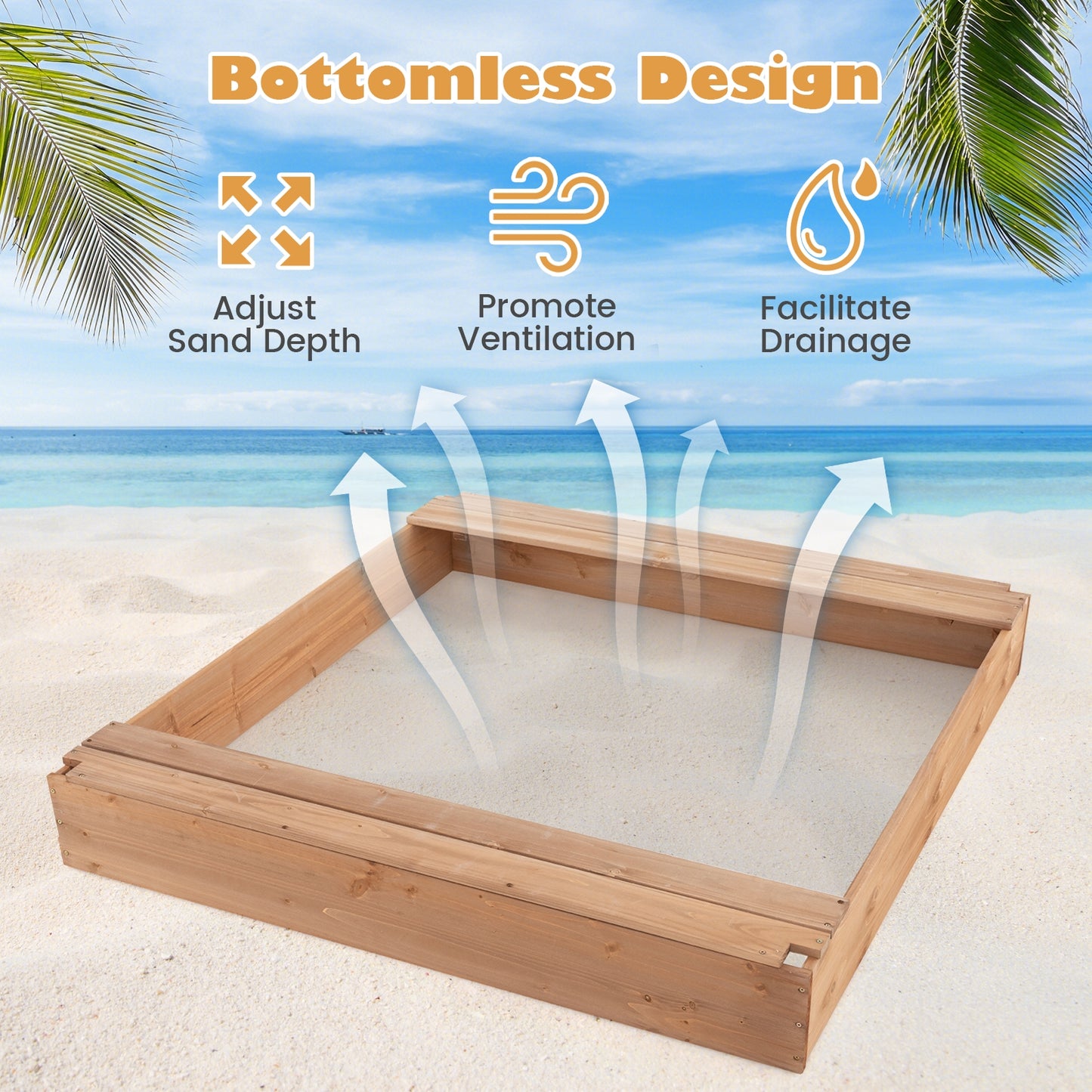 49 x 48 Inch Kids Wooden Sandbox with Cover and 2 Bench Seats