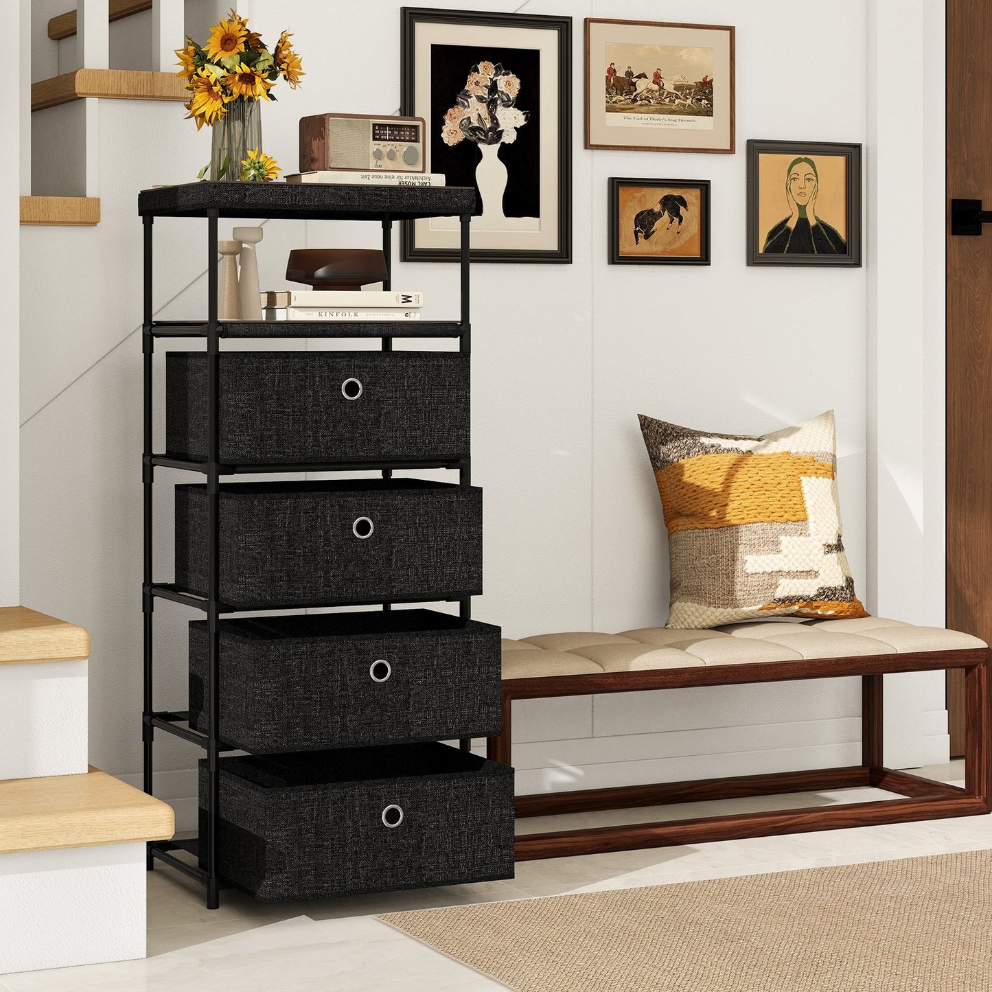 Dresser with 3/4 Drawers Fabric Storage Tower with Wood Top and Metal Frame-M