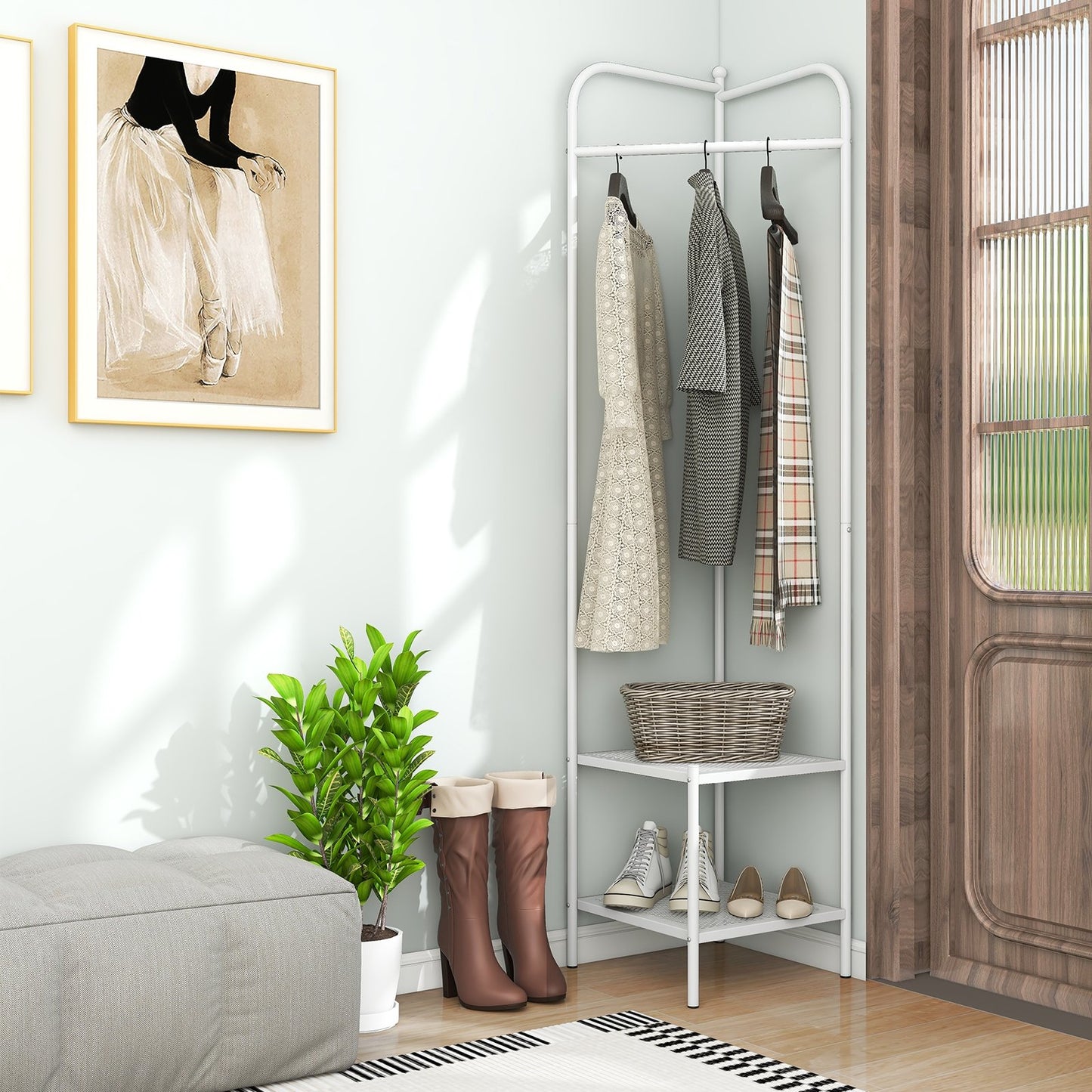 Corner Coat Rack with Top Hanger and 2 Mesh Shelves for Entryway Hallway Living Room Bedroom-Black
