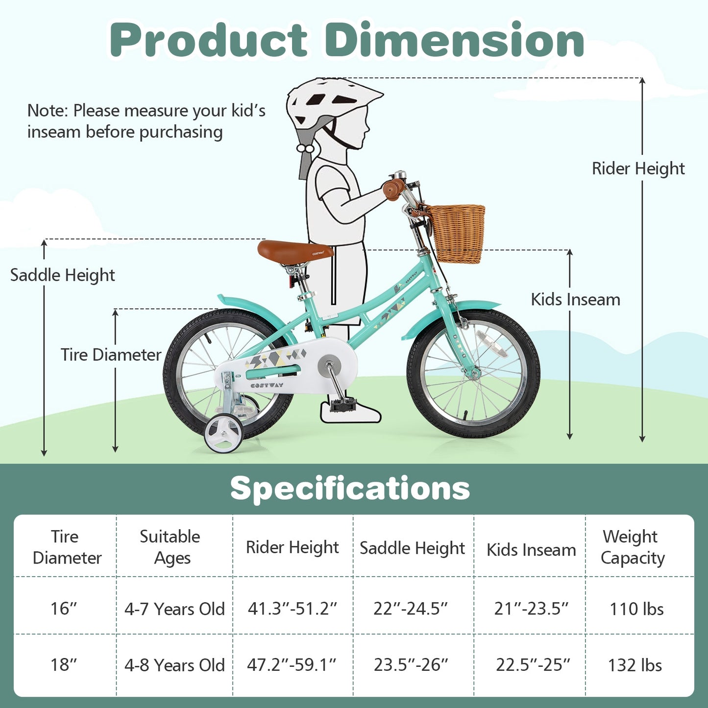 16-inch kids' bicycle with training wheels and dual brakes, suitable for children aged 4 to 7 years old, by Wilsons Home Store.