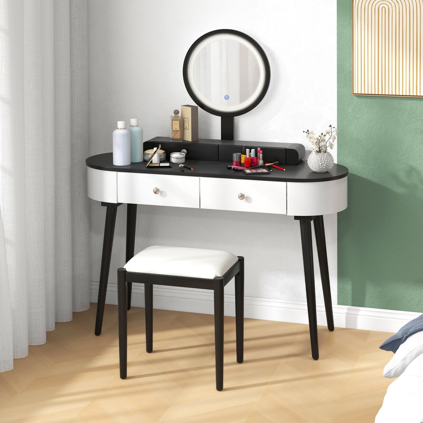 Makeup Vanity Table Set with LED Mirror and 3 Spacious Drawers-Black-Brown