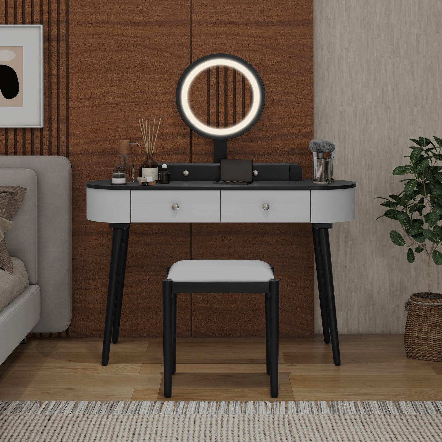 Makeup Vanity Table Set with LED Mirror and 3 Spacious Drawers-Black-Brown