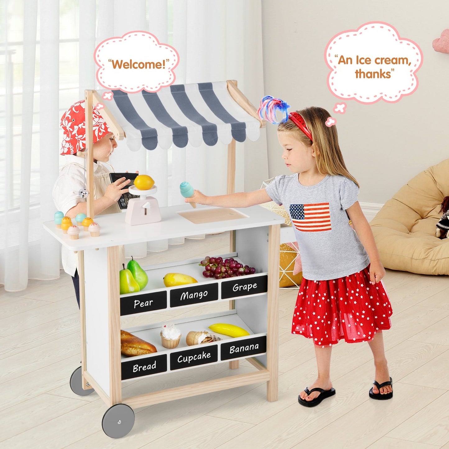 Kids Wooden Ice Cream Cart with Chalkboard and Storage