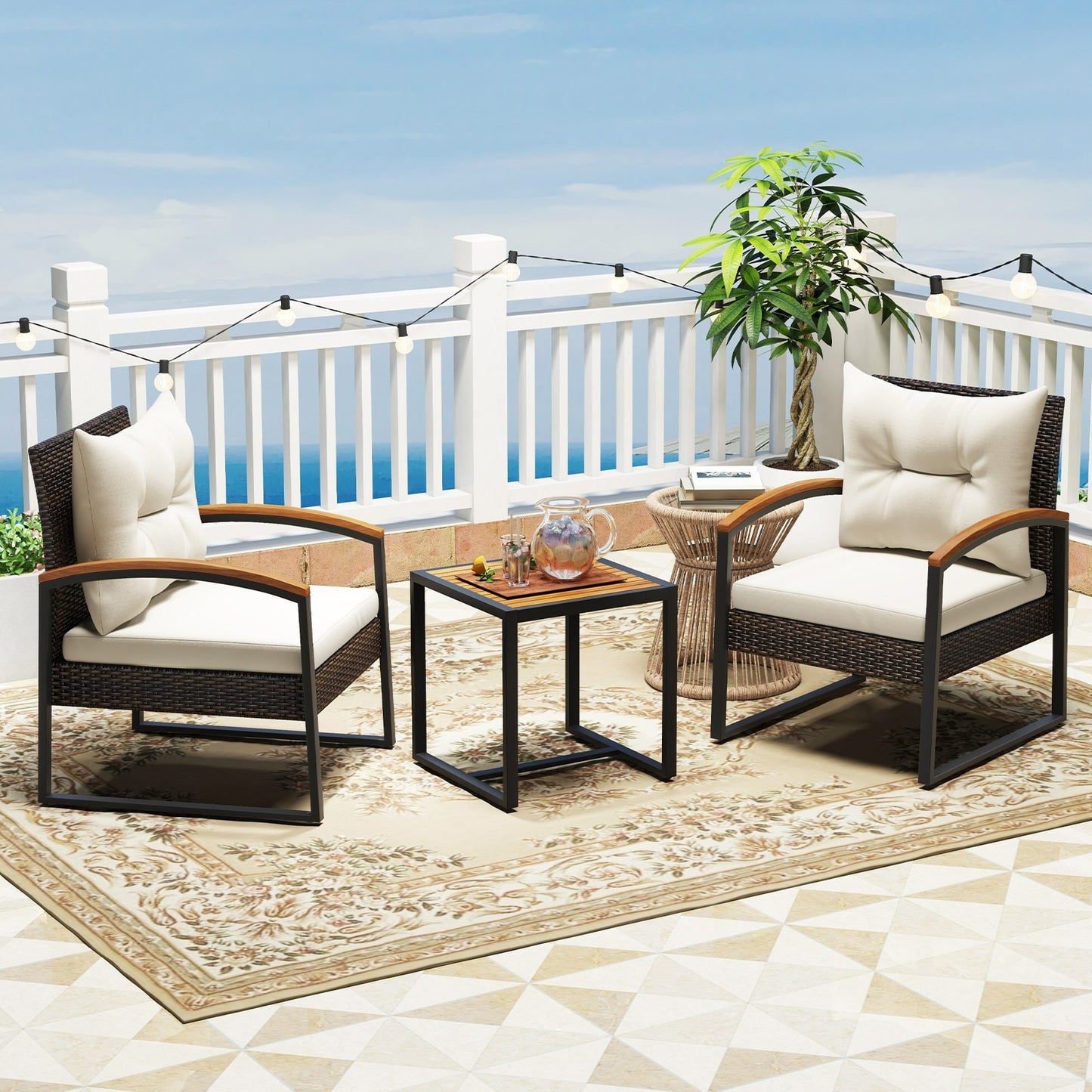 3 Piece Patio Conversation Set with Solid Acacia Wood Armrests and Tabletop-White