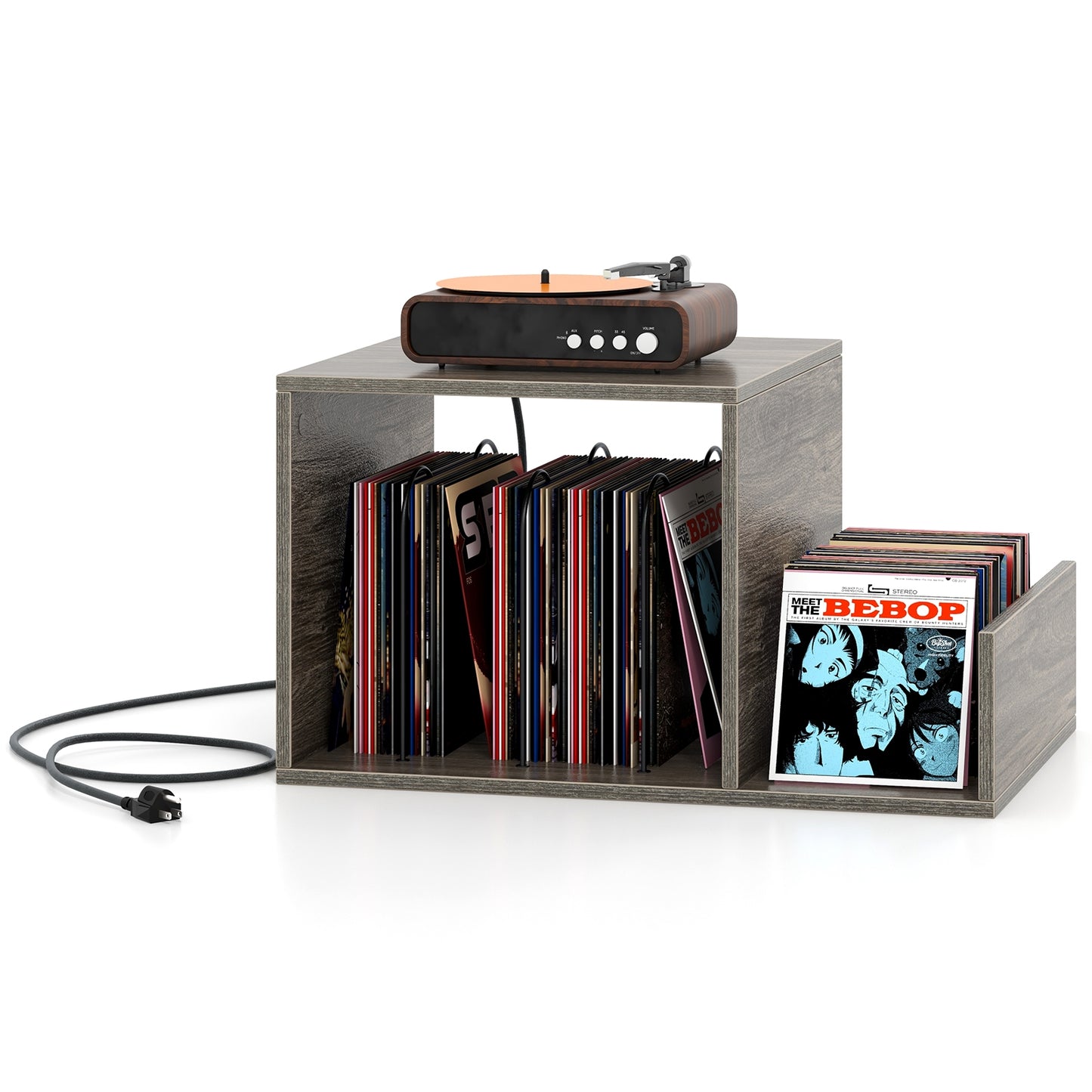 Mid-century Record Player Stand with Power Outlet and Vinyl Divider-Gray