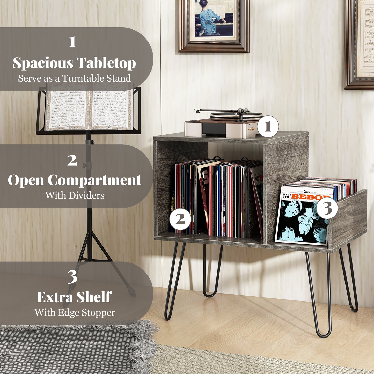 Mid-century Record Player Stand with Power Outlet and Vinyl Divider-Gray