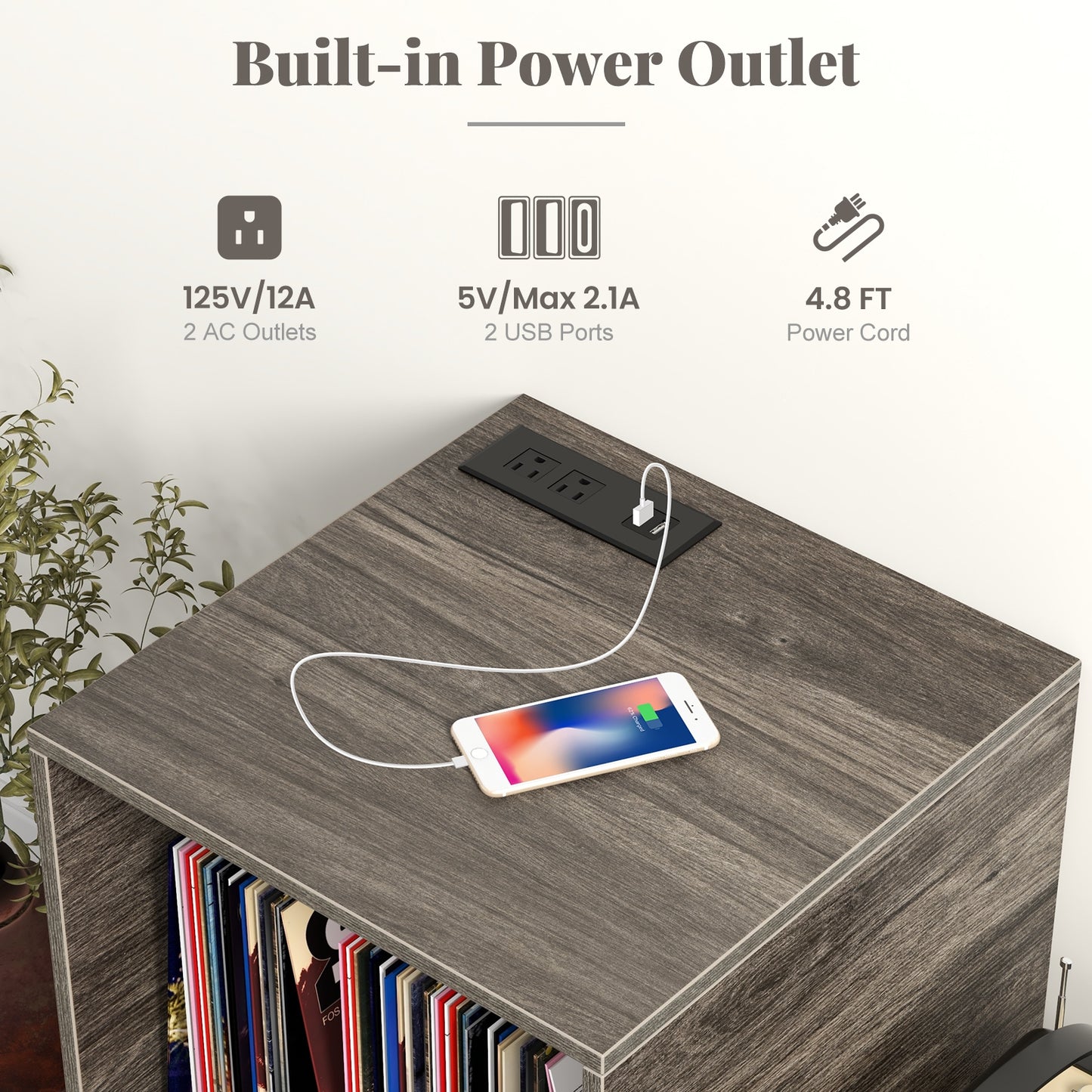 Mid-century Record Player Stand with Power Outlet and Vinyl Divider-Gray